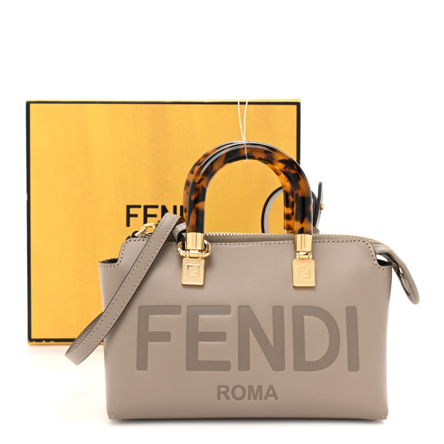 Fendi Vitello King Plexiglass Logo Embossed Mini By The Way Top Handle Boston Bag Tortora 10 of 10