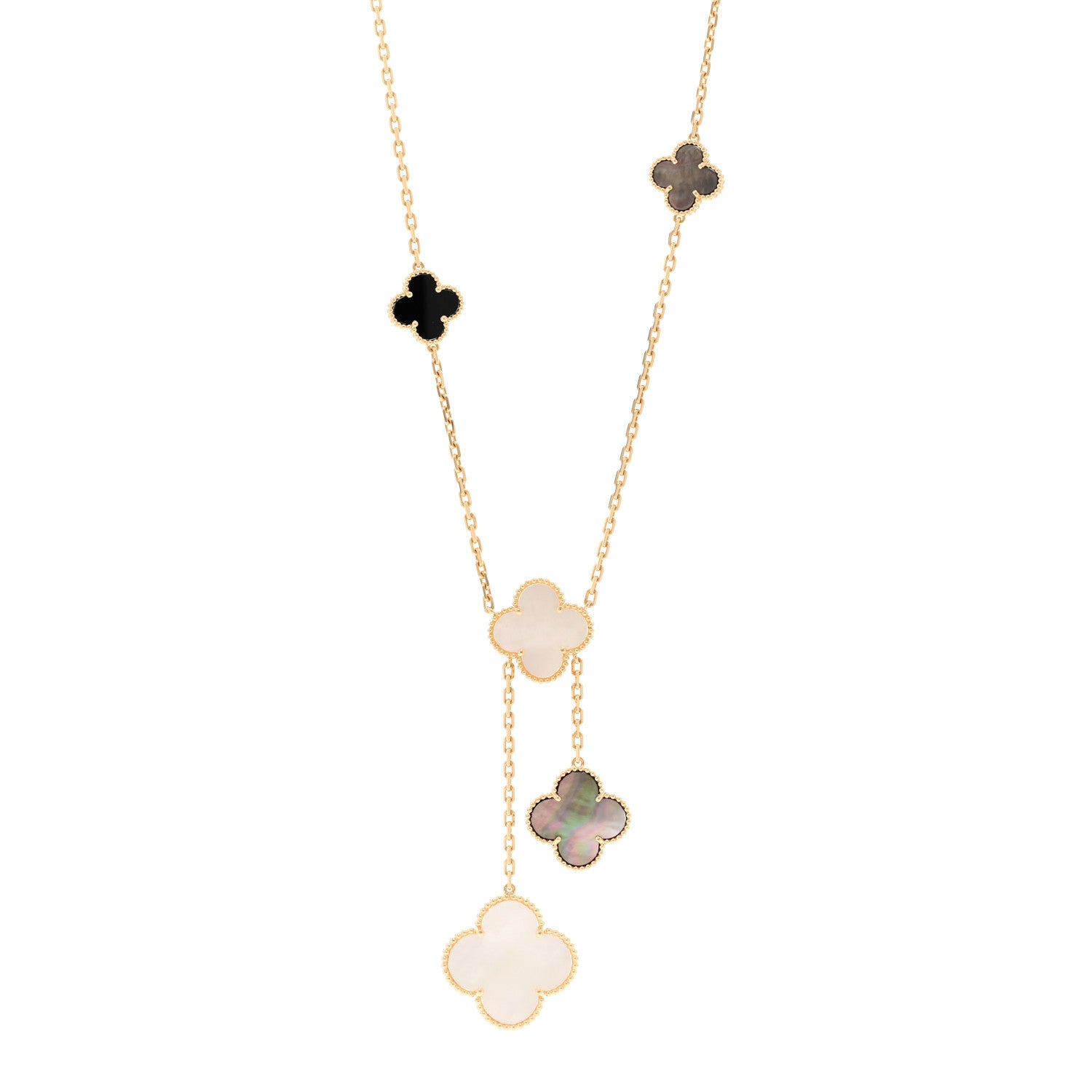 Van Cleef & Arpels 18K Yellow Gold Mother of Pearl Onyx 6 Motifs Magic Alhambra Necklace 1 of 6