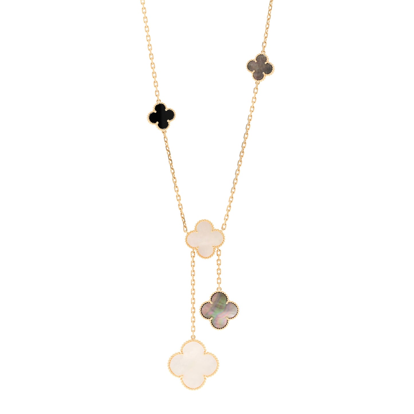 18K Yellow Gold Mother of Pearl Onyx 6 Motifs Magic Alhambra Necklace