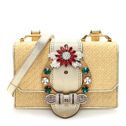 Miu Miu Raffia Madras Crystal Embellished Lady Shoulder Bag Naturale Pirite 1 of 9