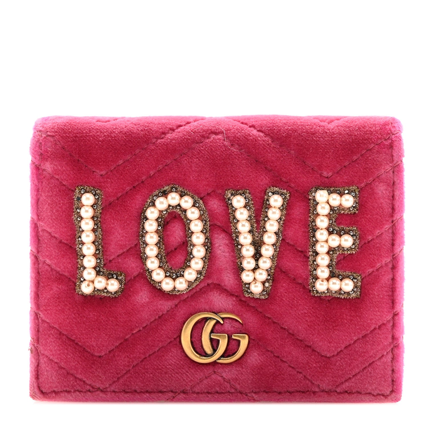 Gucci Velvet Matelasse Pearl Love Embroidered GG Marmont Card Case Wallet Light Raspberry Rose 1 of 10