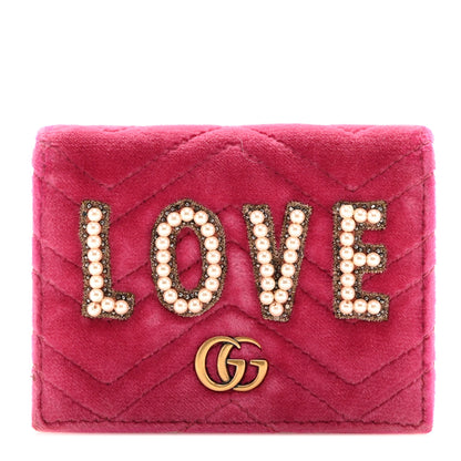 Gucci Velvet Matelasse Pearl Love Embroidered GG Marmont Card Case Wallet Light Raspberry Rose 1 of 10