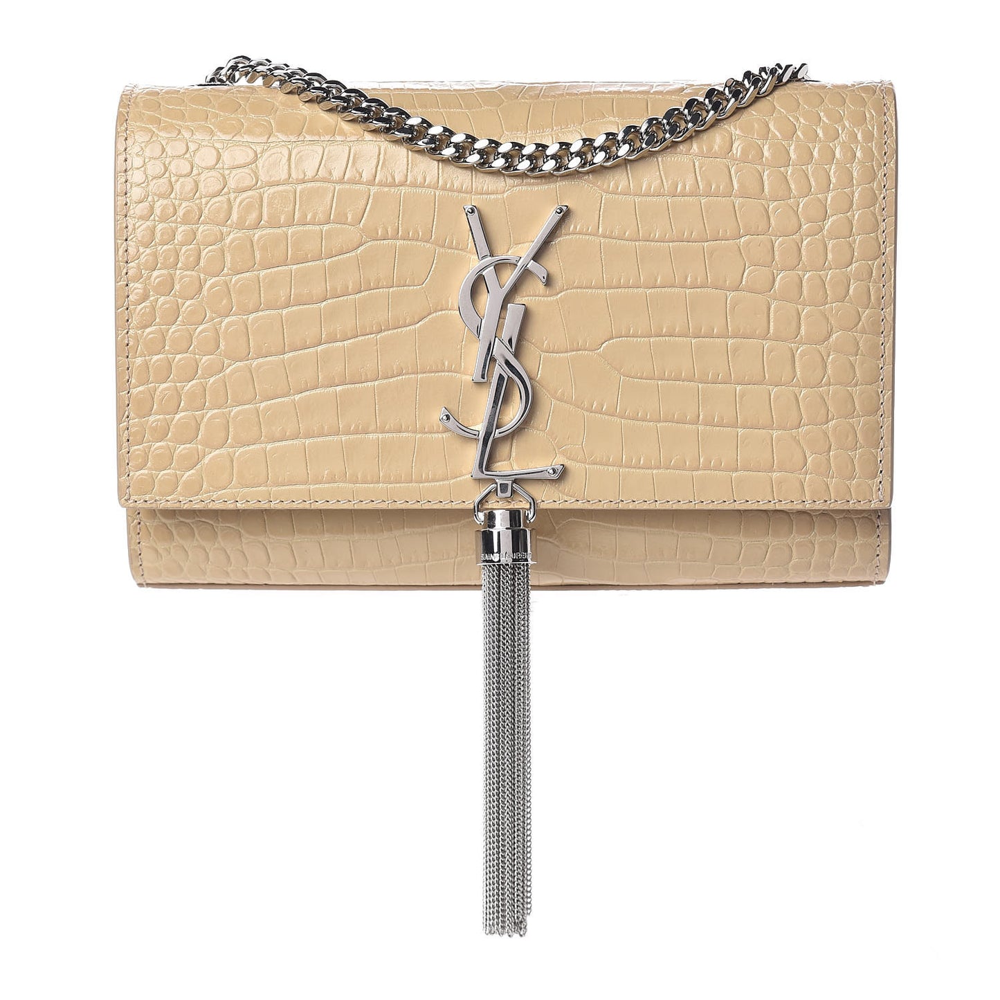 Croc Calfskin Embossed Small Classic Monogram Kate Tassel Satchel Beige