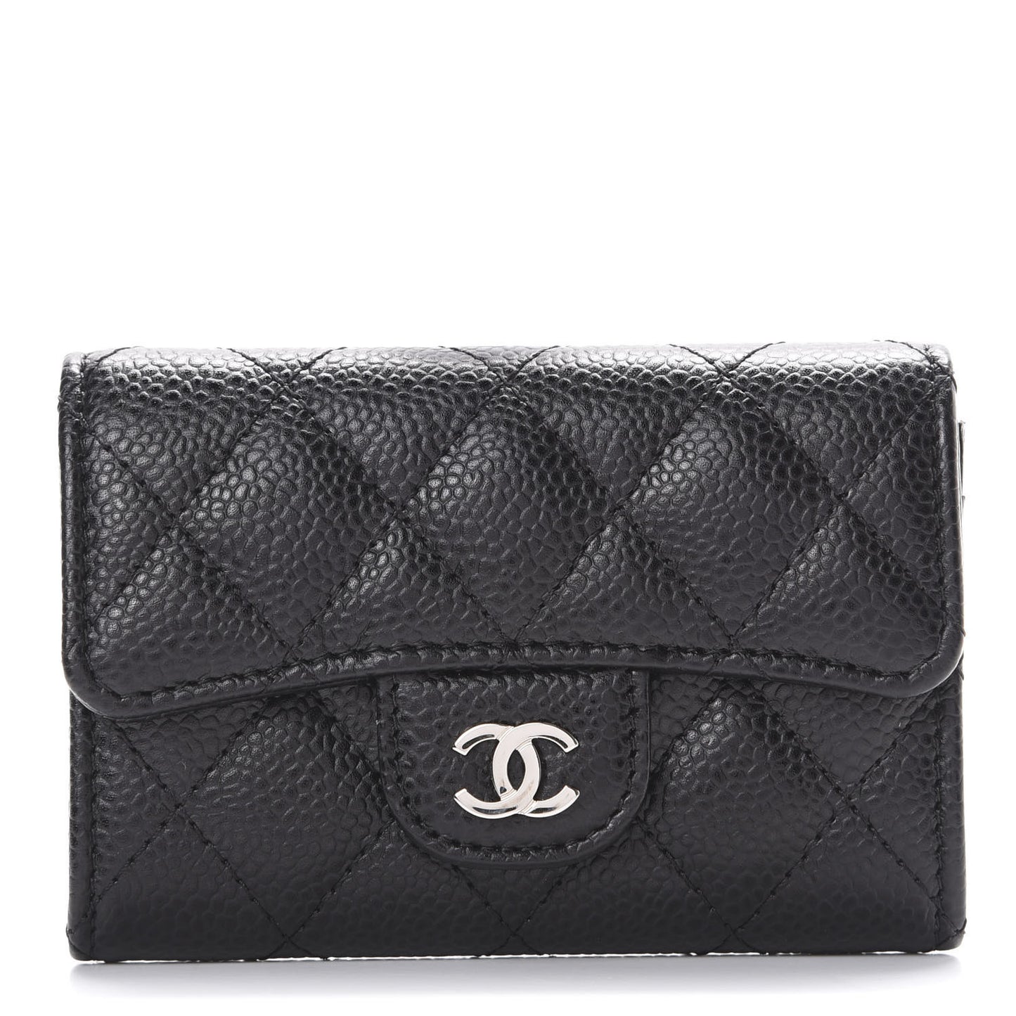 Caviar Quilted Flap Card Holder Wallet Black
