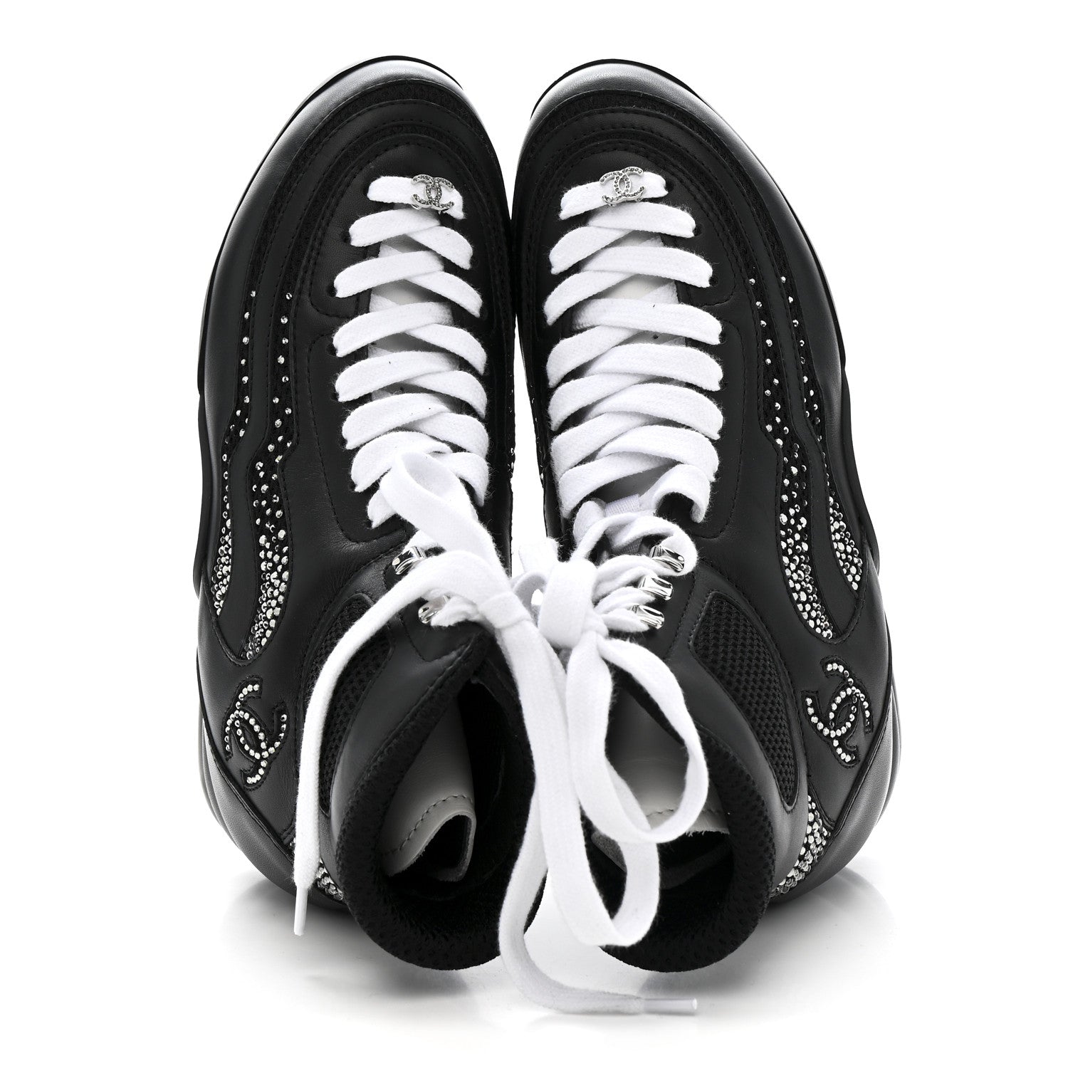 Chanel Calfskin Mesh Strass Womens CC Sneakers 37 Black Silver Chanel Calfskin Mesh Strass Womens CC Sneakers 37 Black Silver