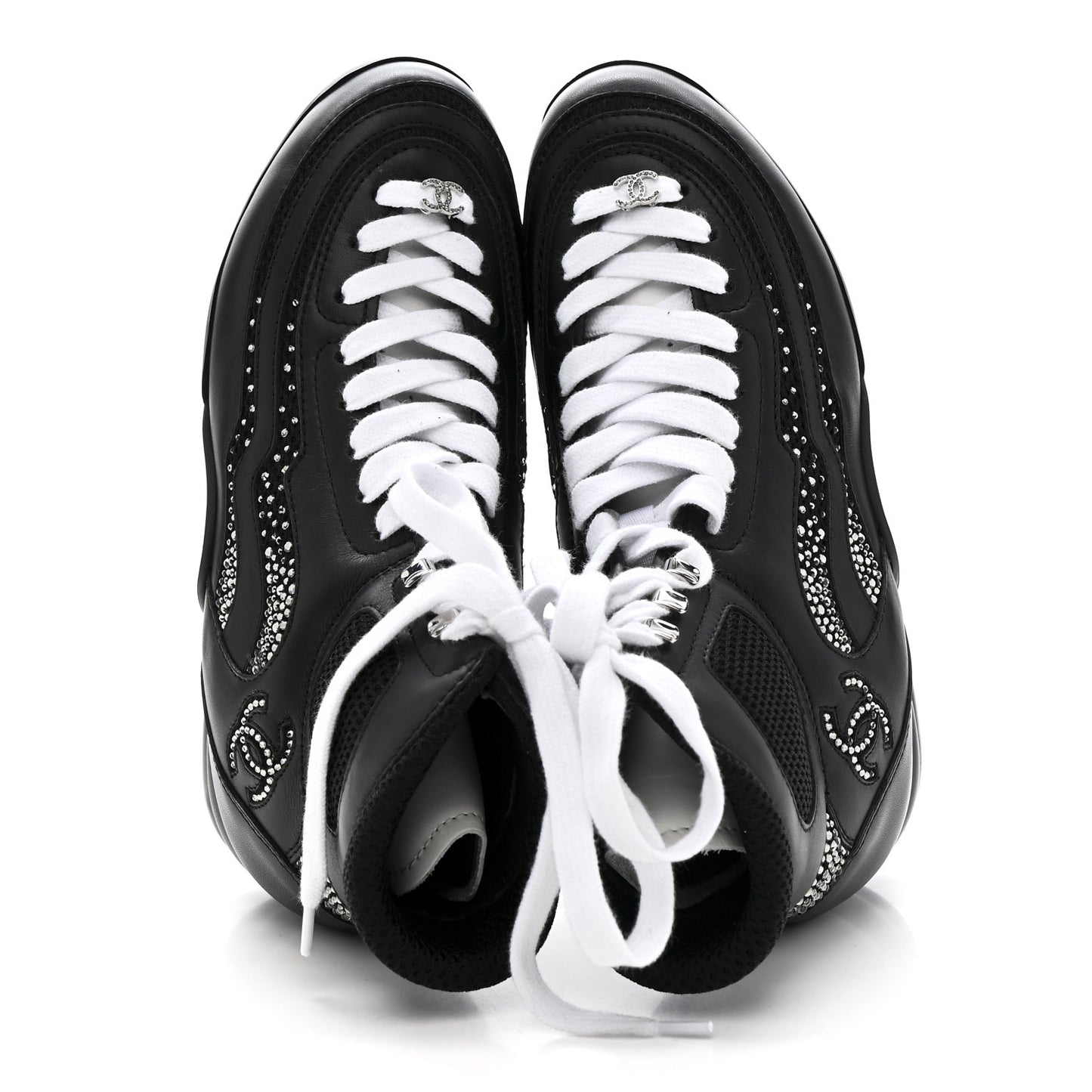 Calfskin Mesh Strass Womens CC Sneakers 37 Black Silver