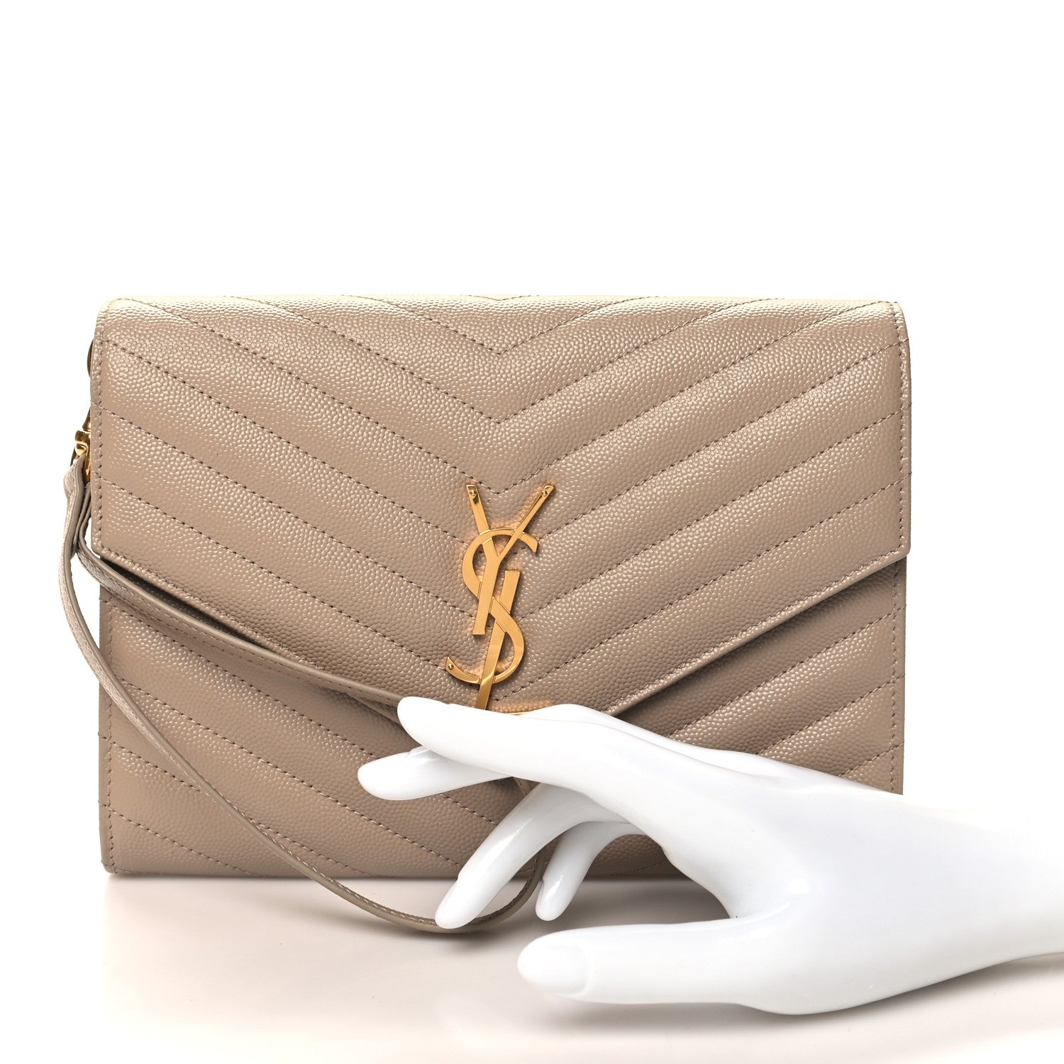 Saint Laurent Grain De Poudre Matelasse Chevron Monogram Envelope Clutch Dark Beige 2 of 10