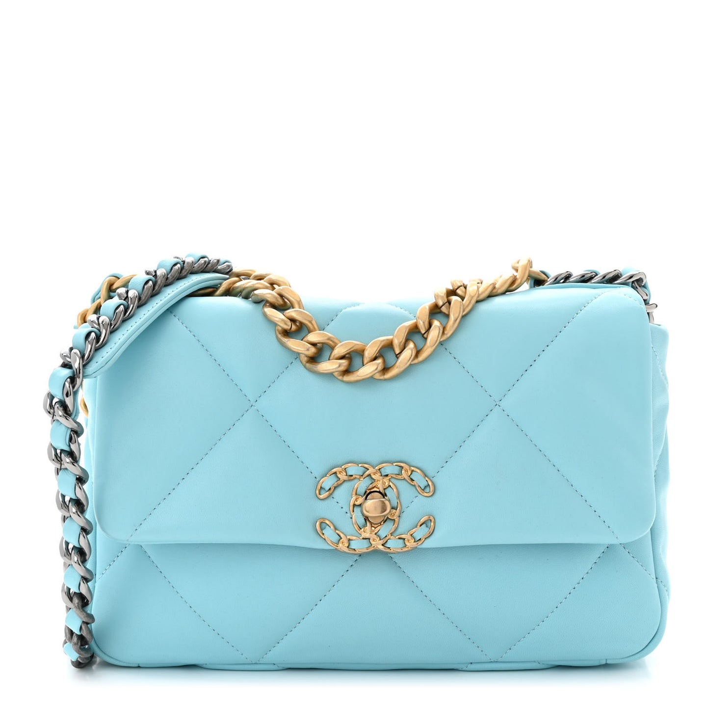 Shiny Lambskin Quilted Medium Chanel 19 Flap Light Blue