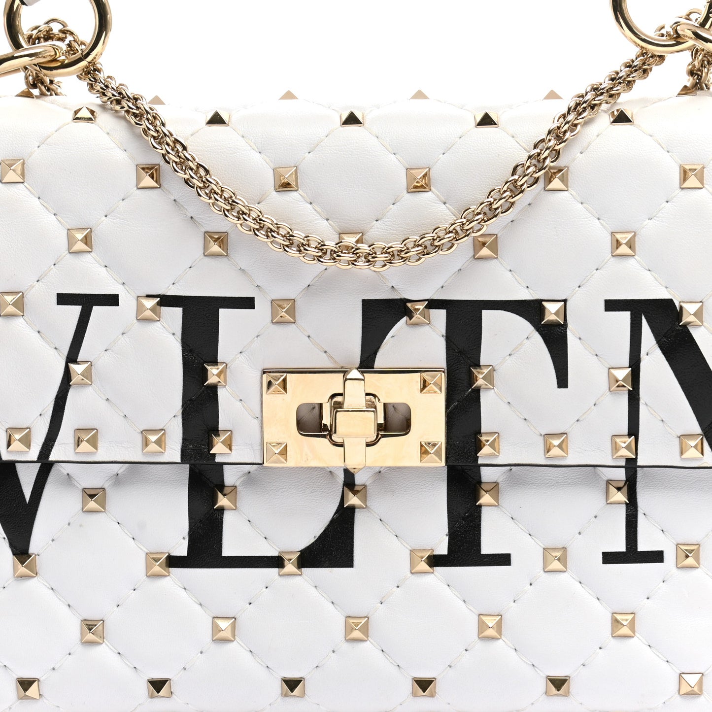Lambskin VLTN Print Medium Rockstud Spike Shoulder Bag Optic White Black