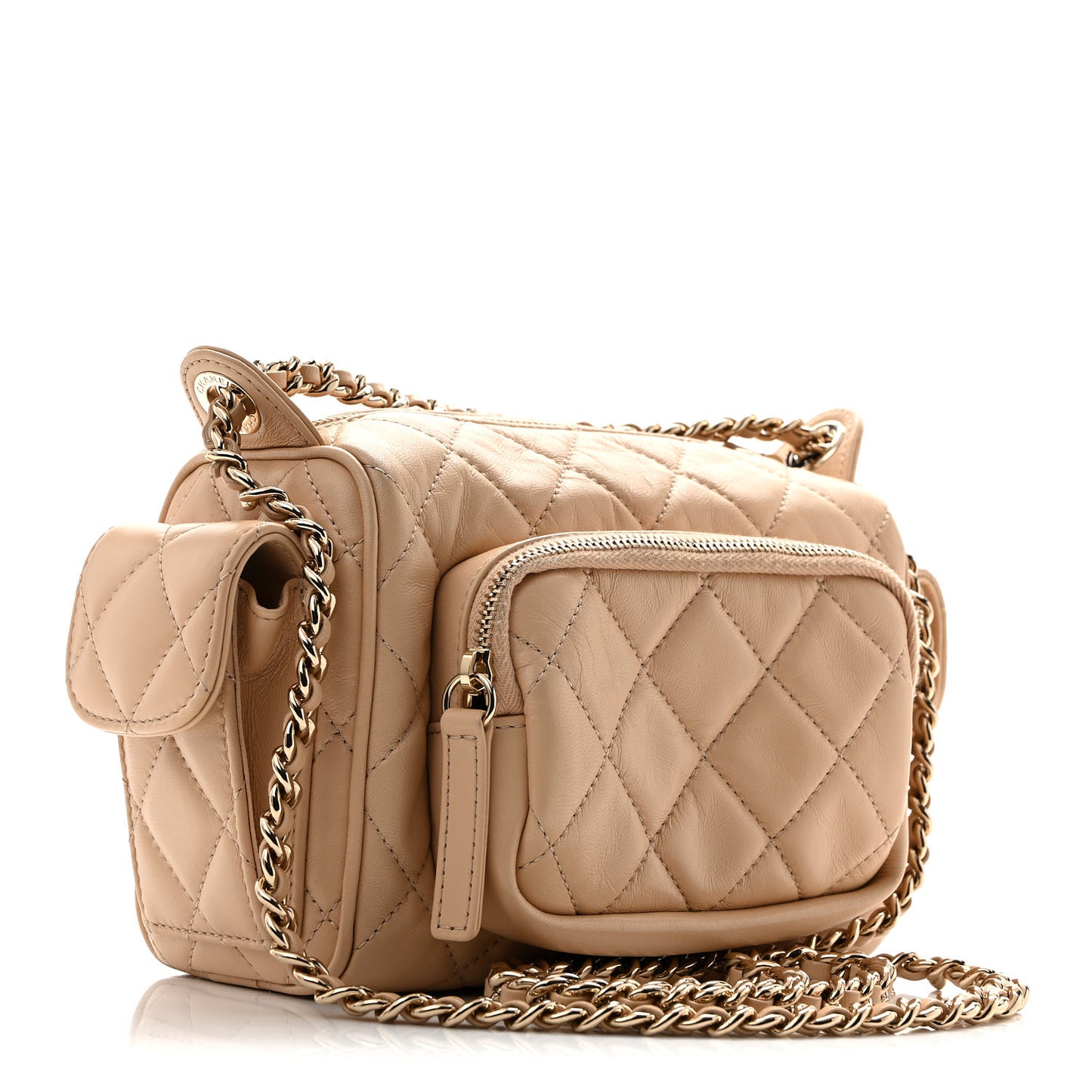 Shiny Crumpled Lambskin Quilted Small Preppy Pocket Camera Case Beige