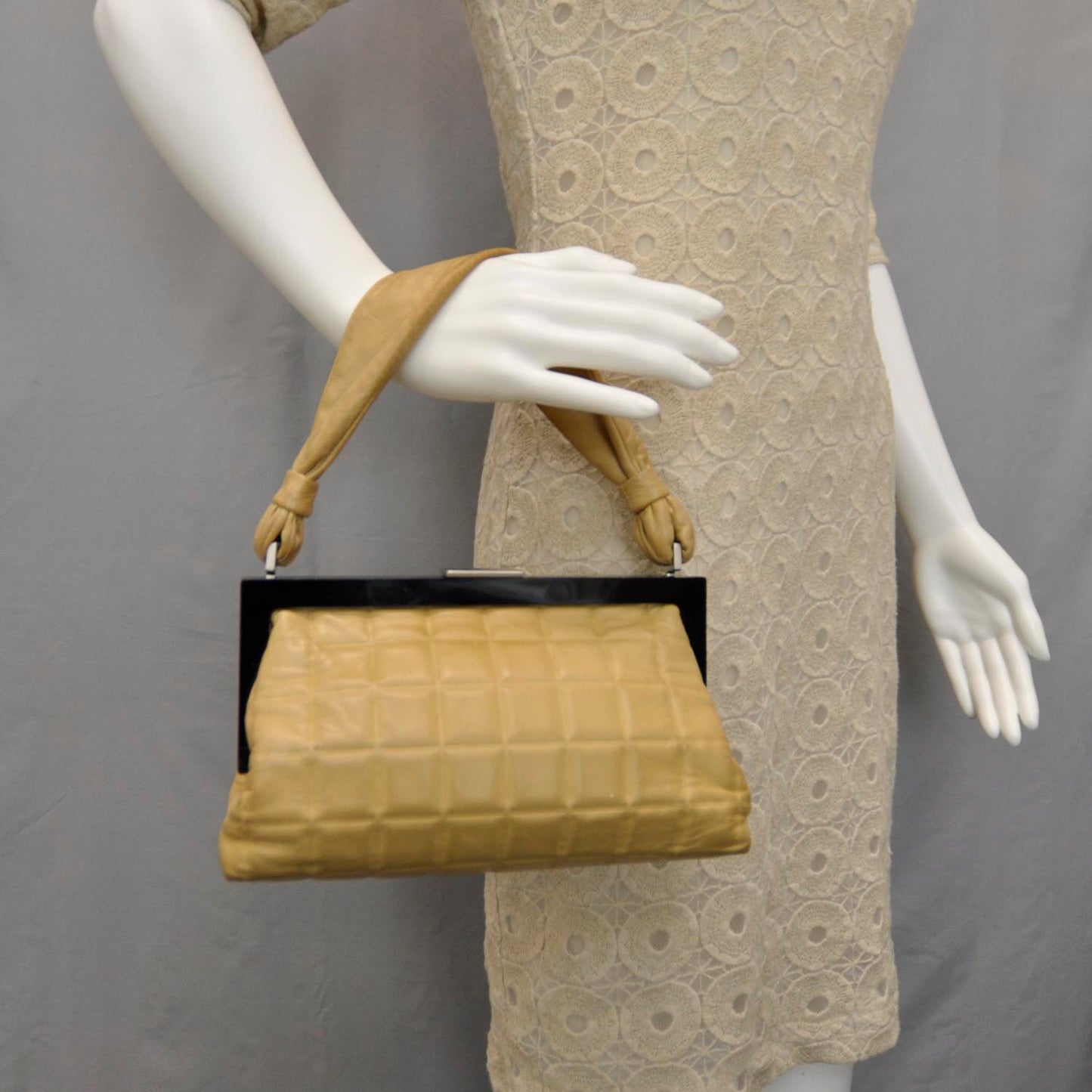 Lambskin Chocolate Bar Quilted Frame Bag Beige