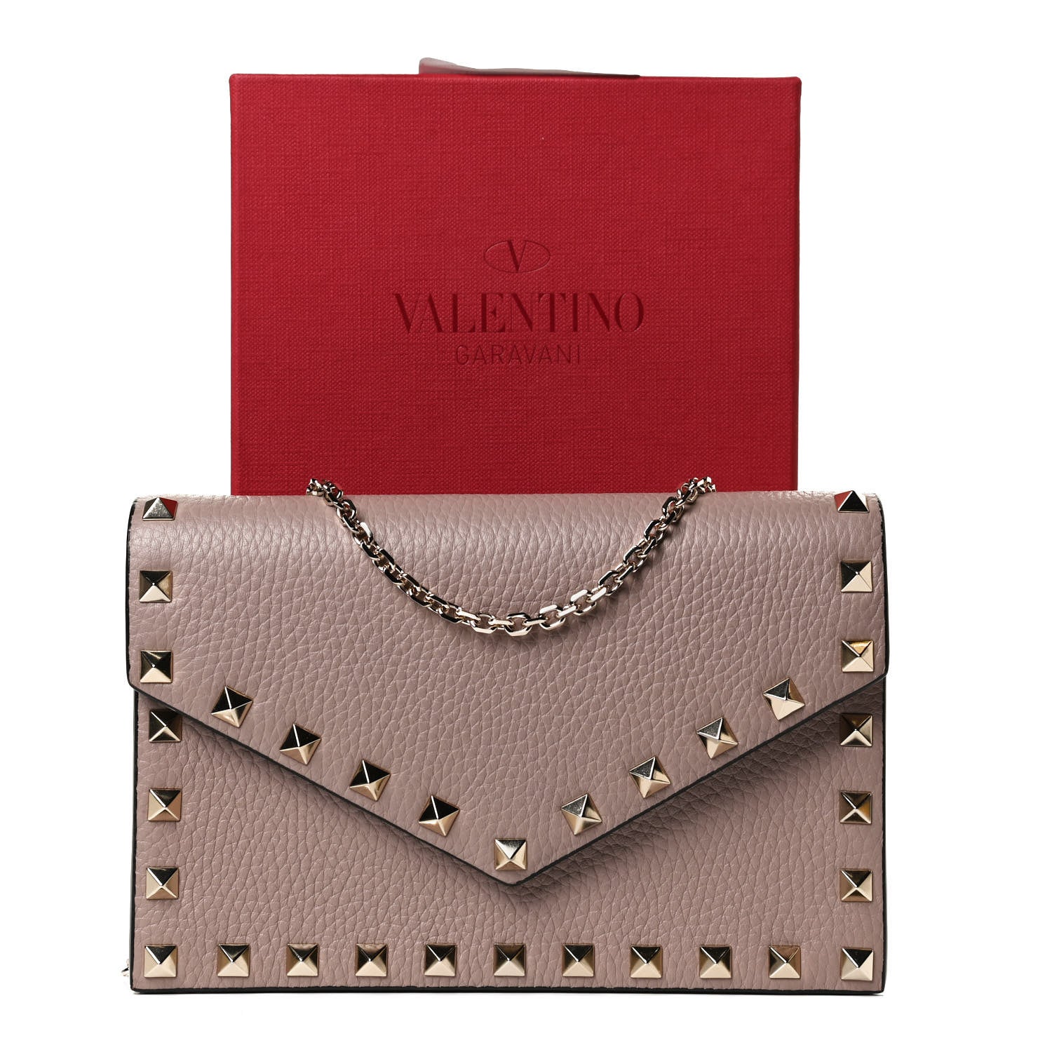 Valentino Garavani Pebbled Calfskin Rockstud Envelope Wallet on Chain Poudre 14 of 14