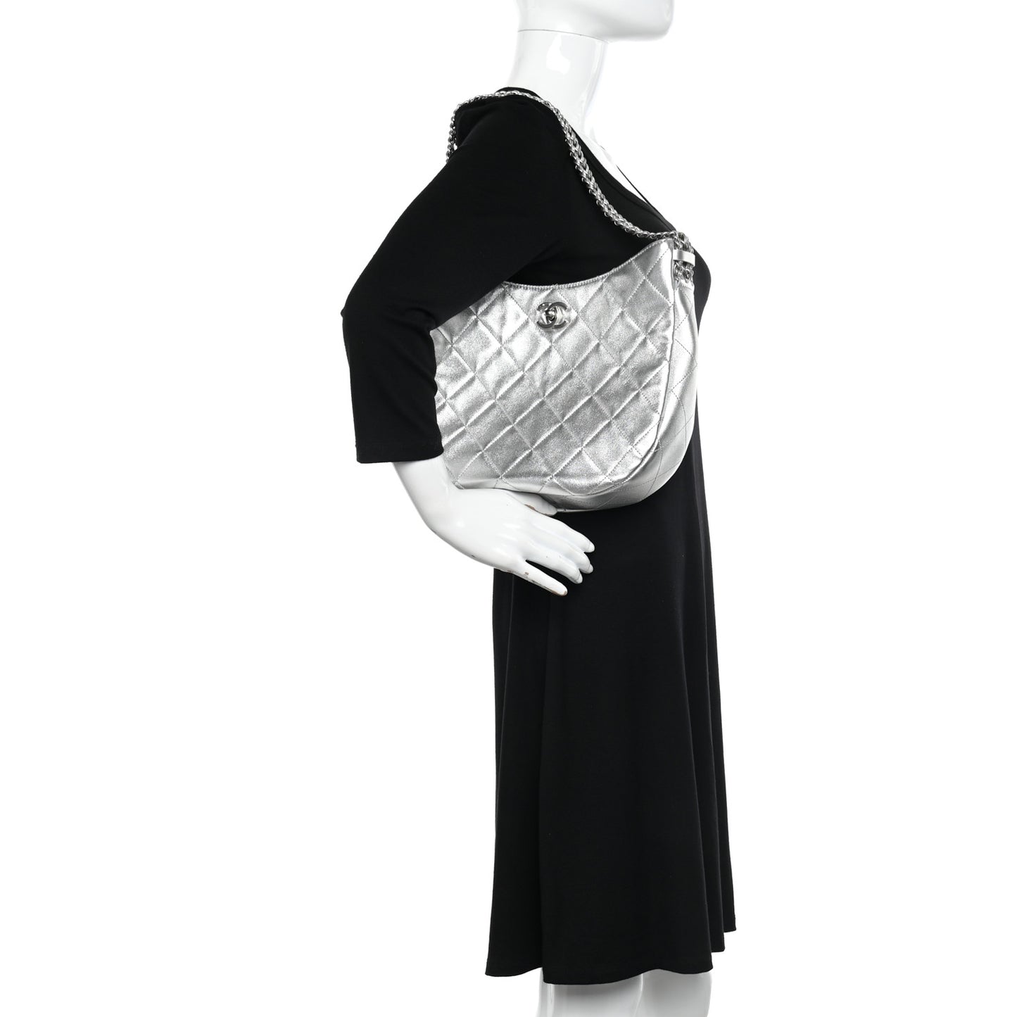 Metallic Lambskin Chain Rows Quilted Chain Hobo Silver