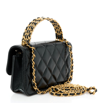 Chanel Shiny Calfskin Quilted Top Handle Flap Phone Holder With Chain Black 3 of 12