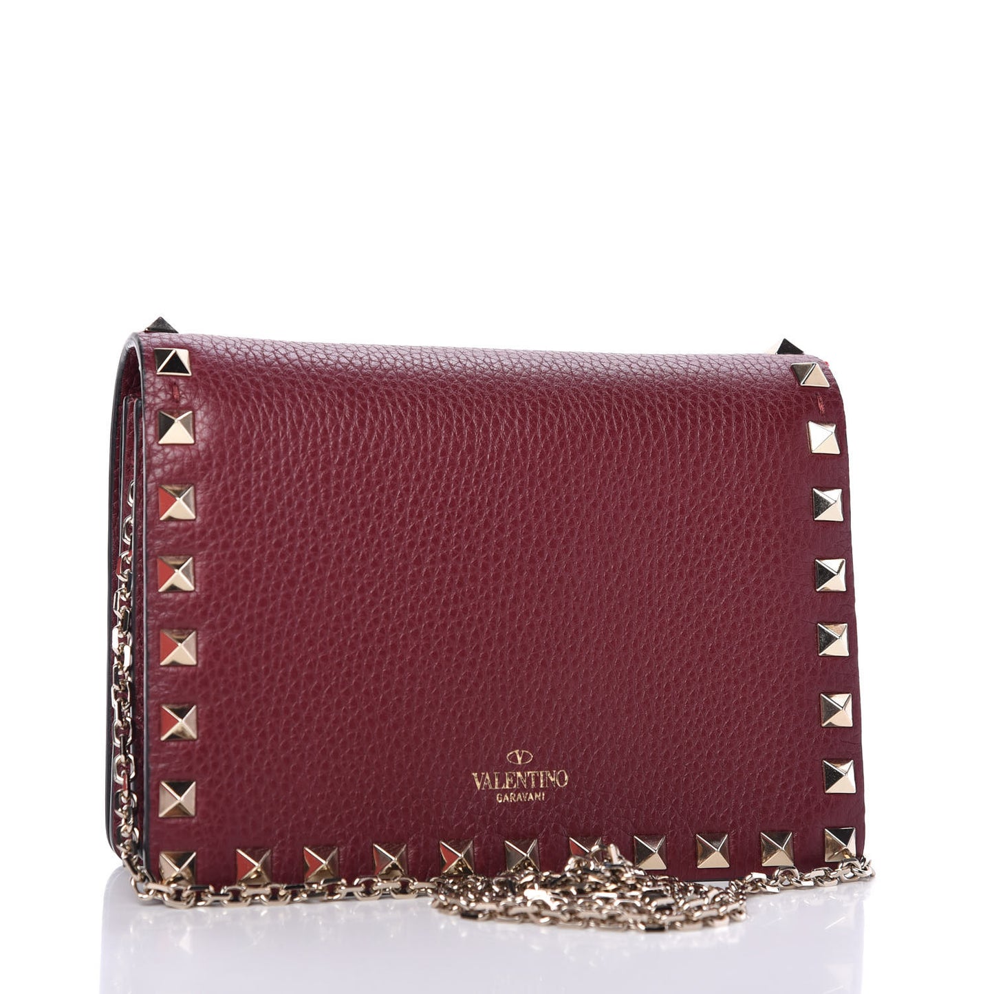 Pebbled Calfskin Rockstud Wallet on Chain Cerise