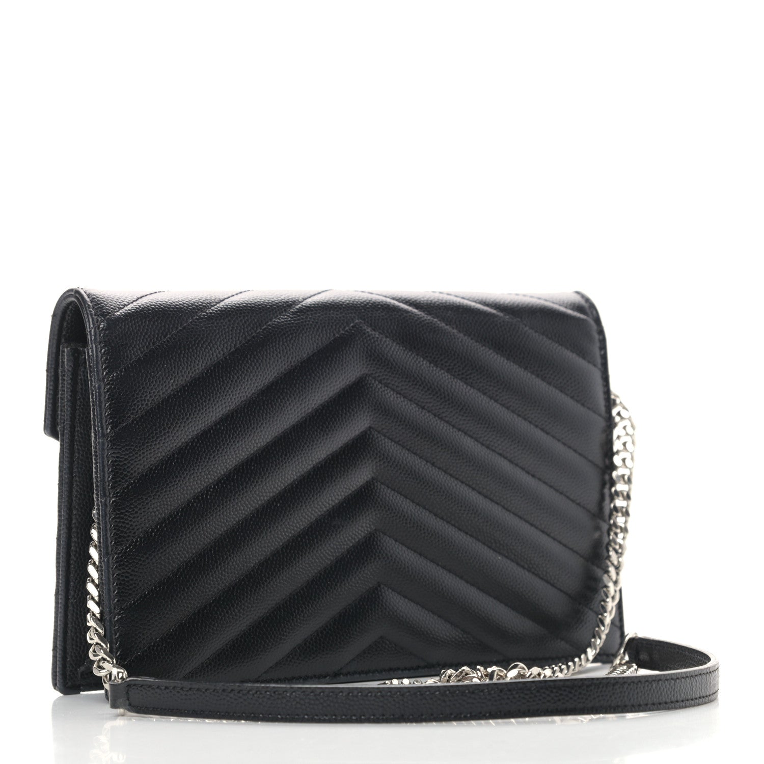 Saint Laurent Grain De Poudre Matelasse Chevron Monogram Envelope Chain Wallet Black 2 of 11