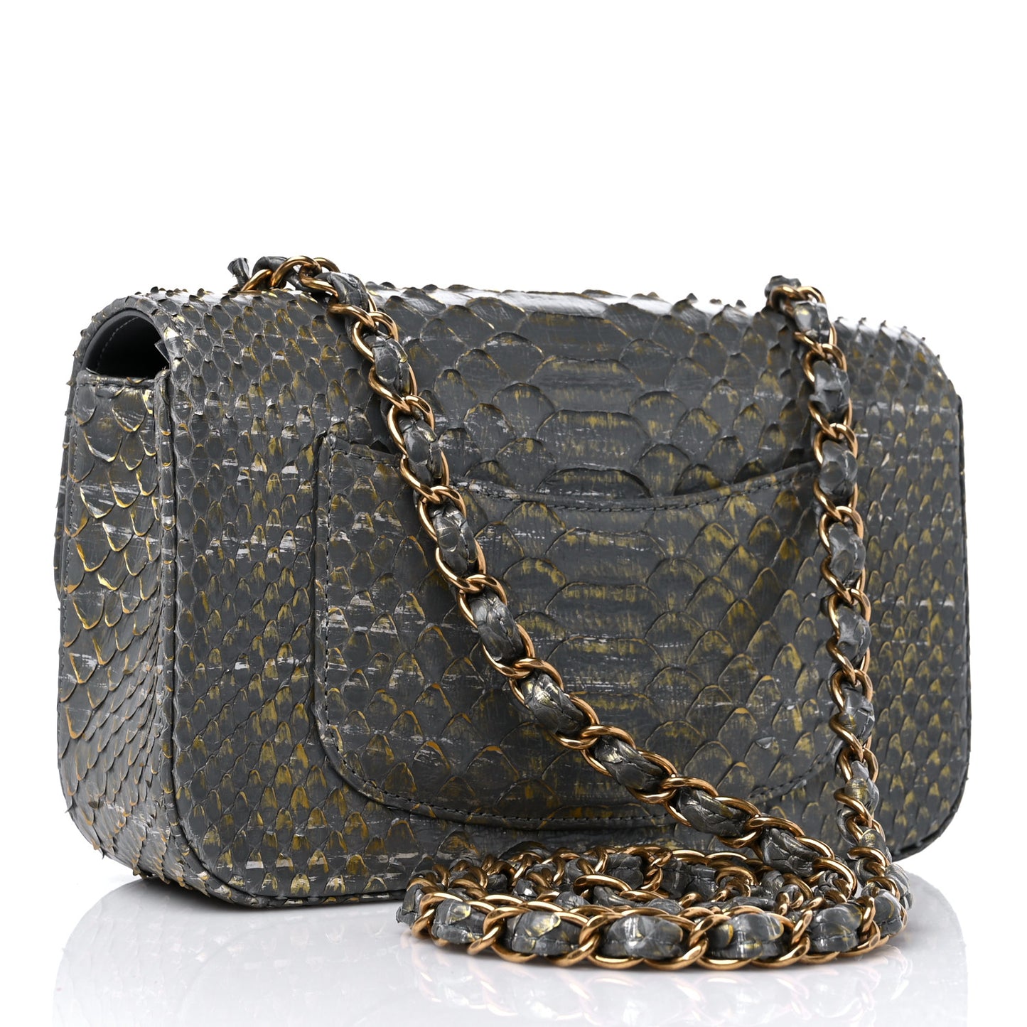 Snakeskin Mini Rectangular Flap Grey Gold