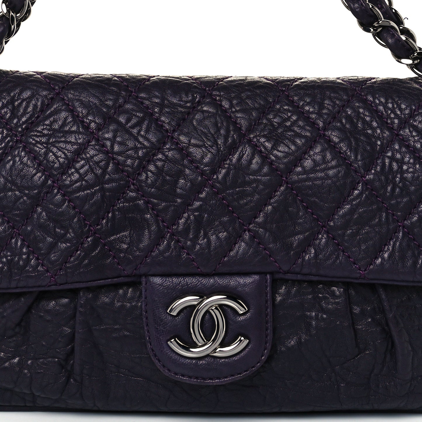 Distressed Lambskin Lady Braid Flap Dark Purple