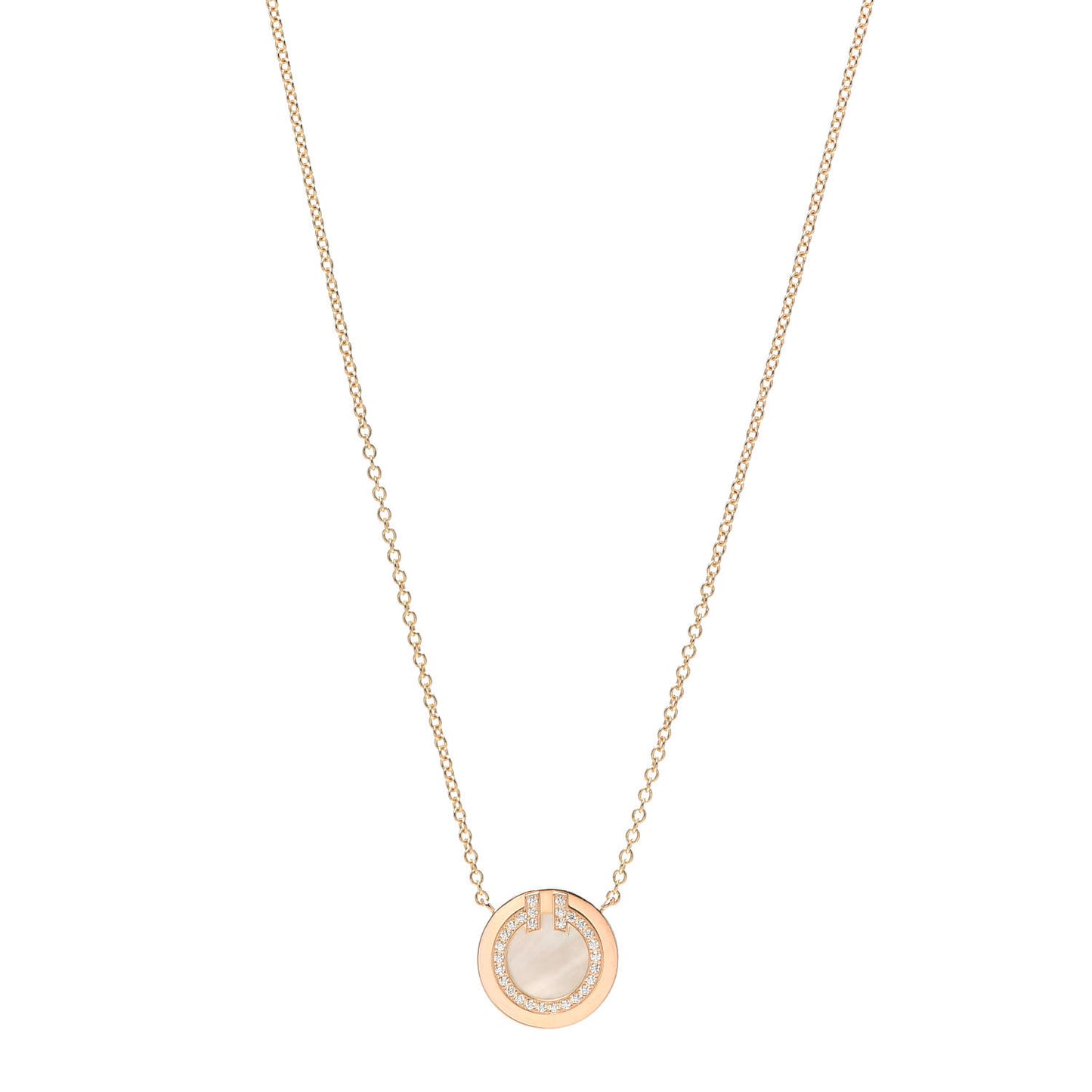 18K Yellow Gold Diamond Mother of Pearl Small T Circle Pendant Necklace