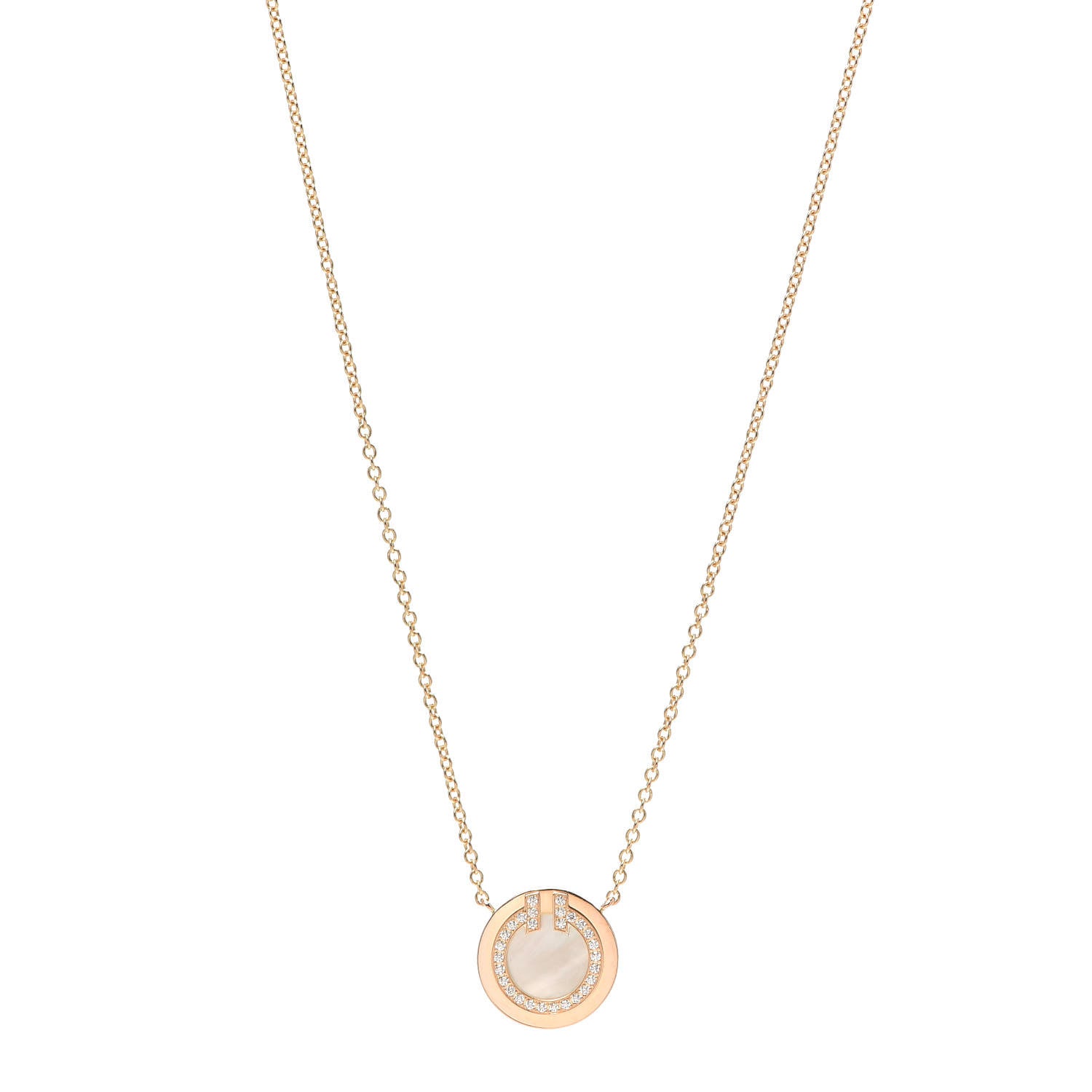 Tiffany 18K Yellow Gold Diamond Mother of Pearl Small T Circle Pendant Necklace 1 of 6