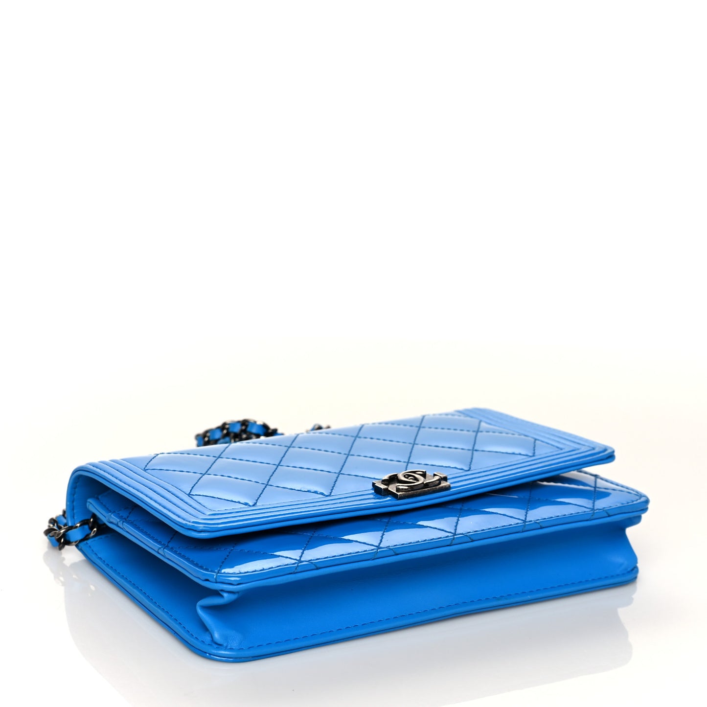 Patent Calfskin Quilted Boy Wallet On Chain WOC Blue