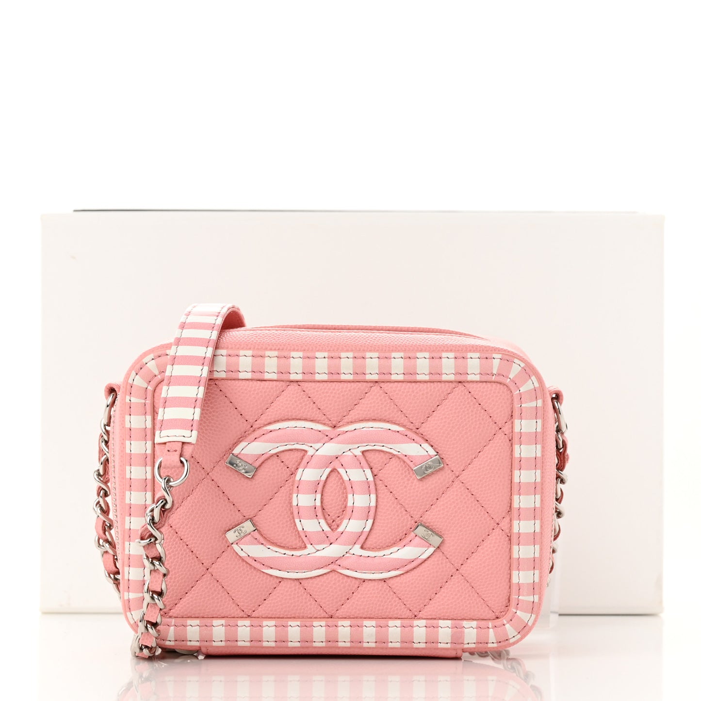 Caviar Quilted Striped CC Filigree Clutch With Chain Pink White