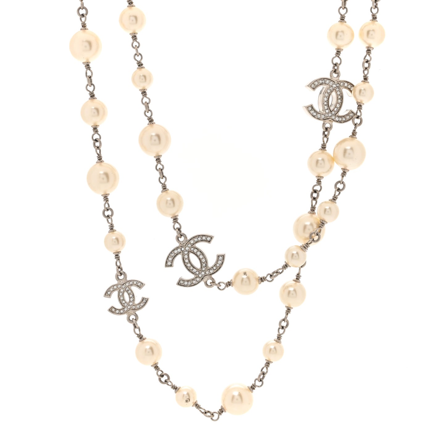 Graduated Pearl Crystal CC Long Necklace Silver