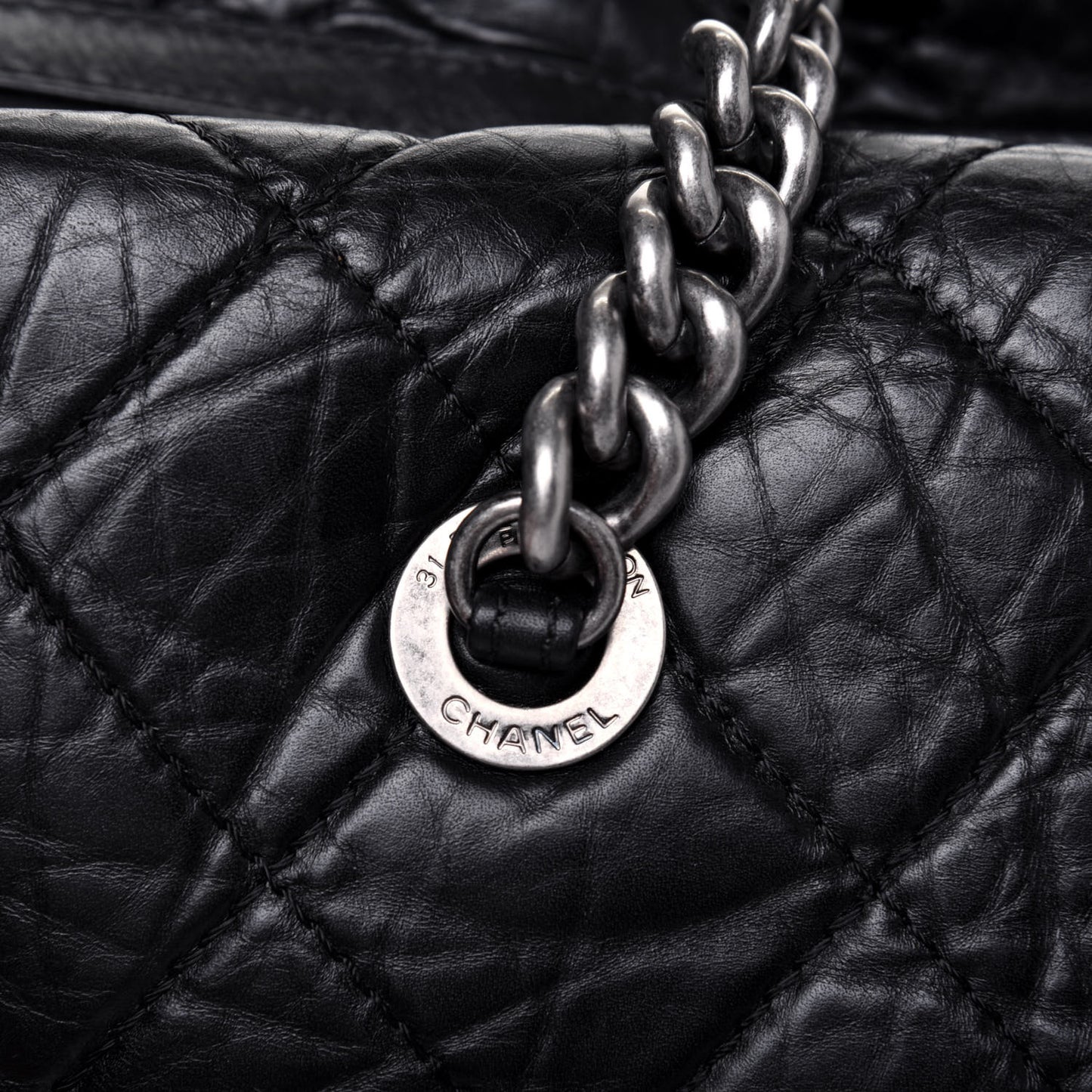 Aged Calfskin Quilted Large Secret Tag Bowling Bag Black