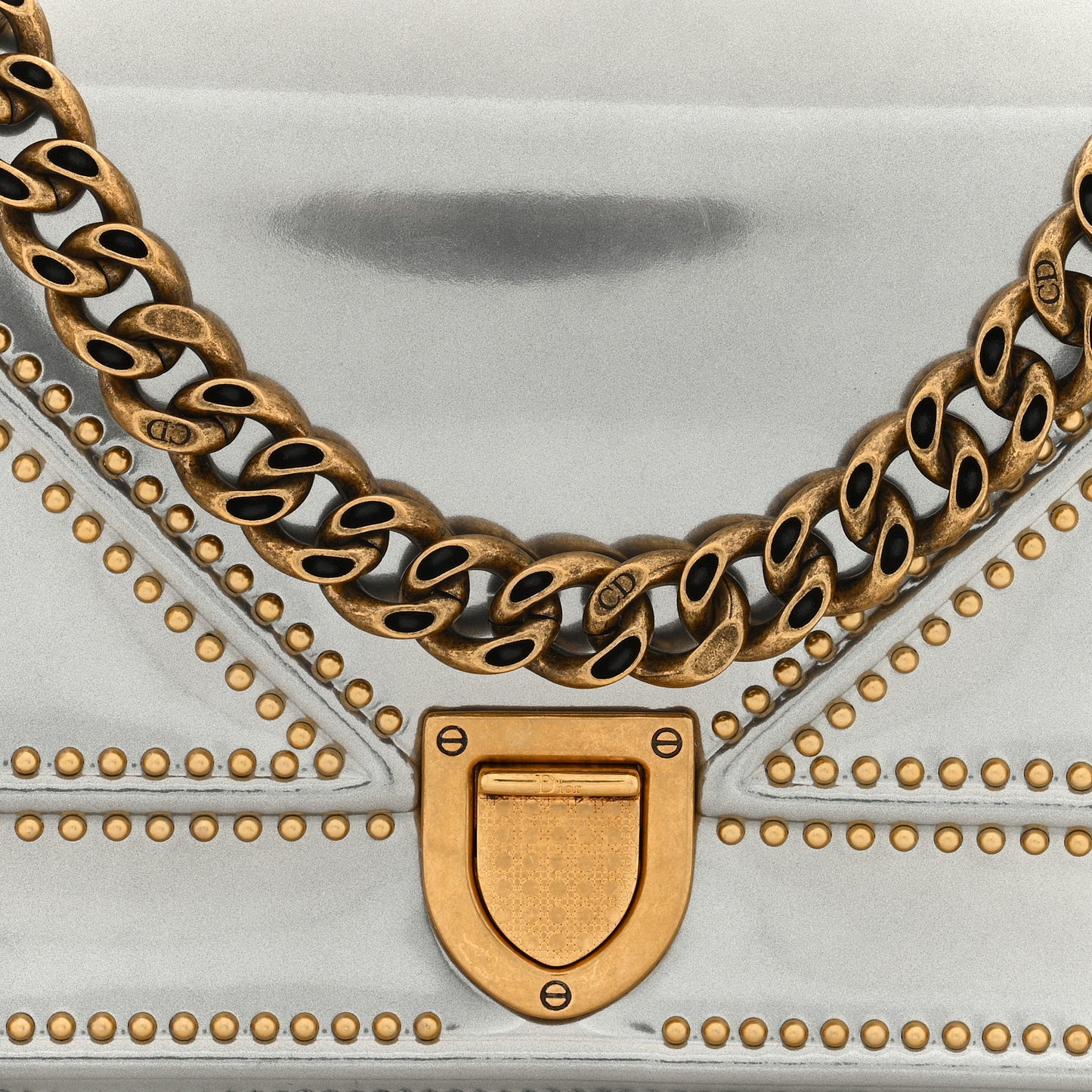 Metallic Patent Studded Small Diorama Flap Bag Silver