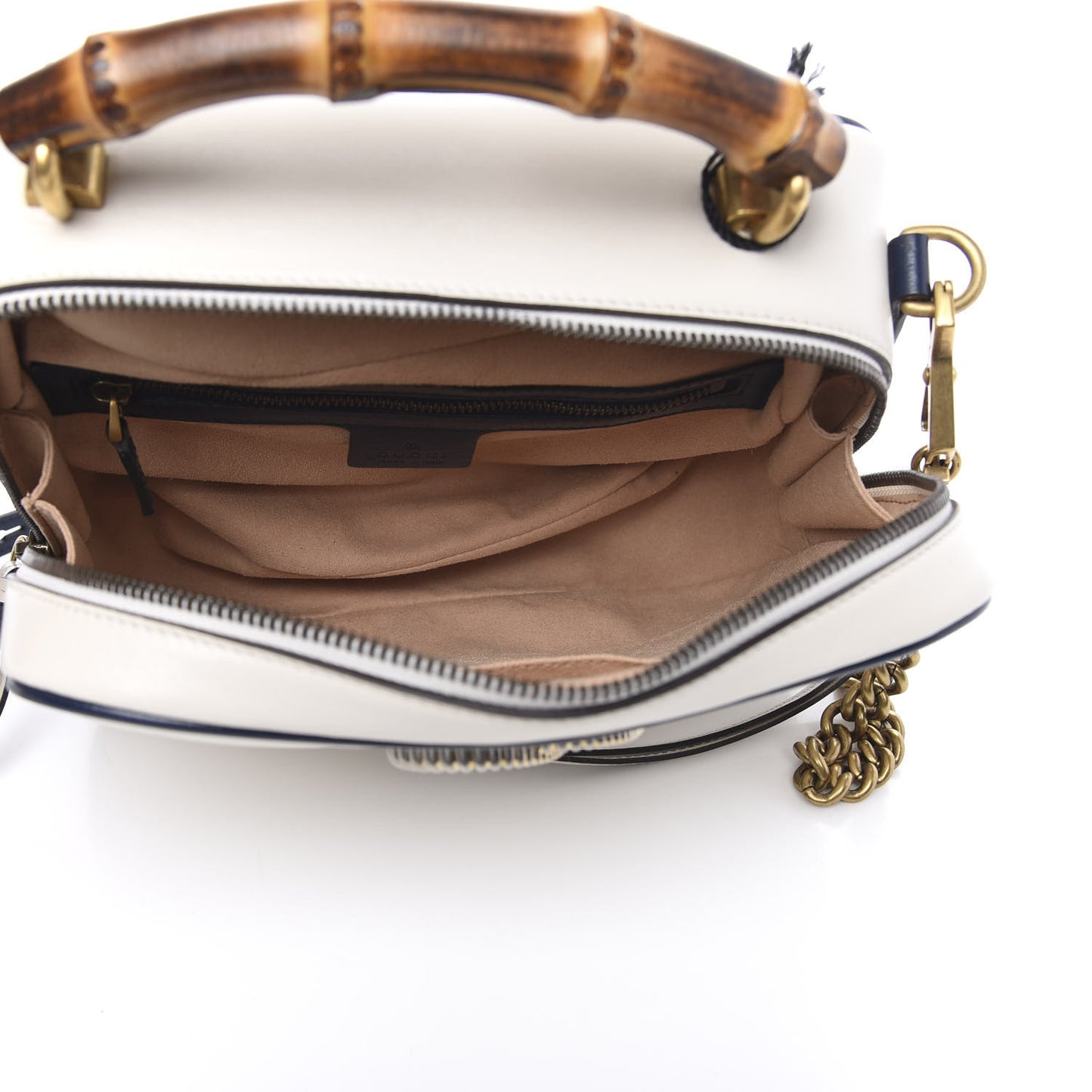 Vintage Effect Calfskin Matelasse Diagonal Small Torchon GG Marmont Bamboo Top Handle Shoulder Bag Mystic White Blue Agata