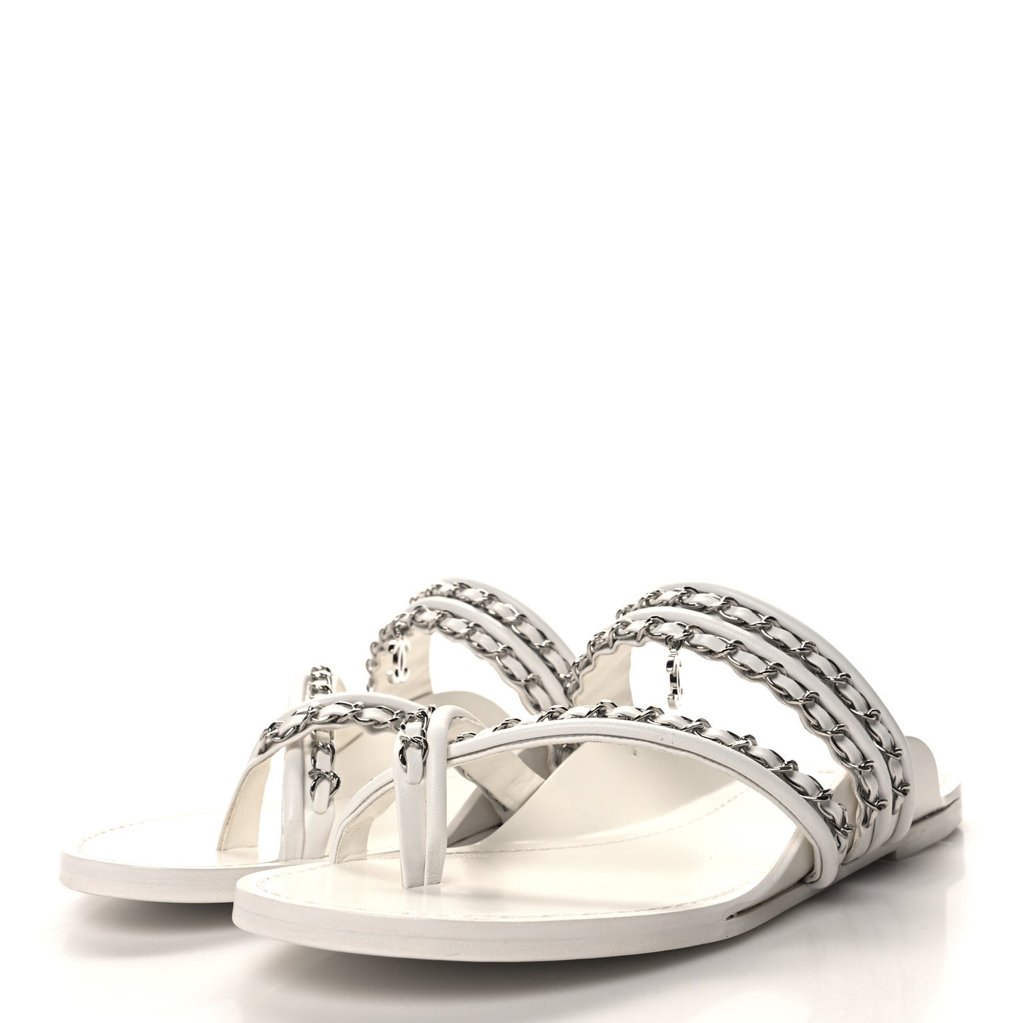 Calfskin Chain CC Thong Flat Sandals 41 White
