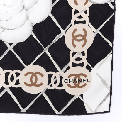 Chanel Silk CC Logo Camellia Scarf White Black 2 of 3