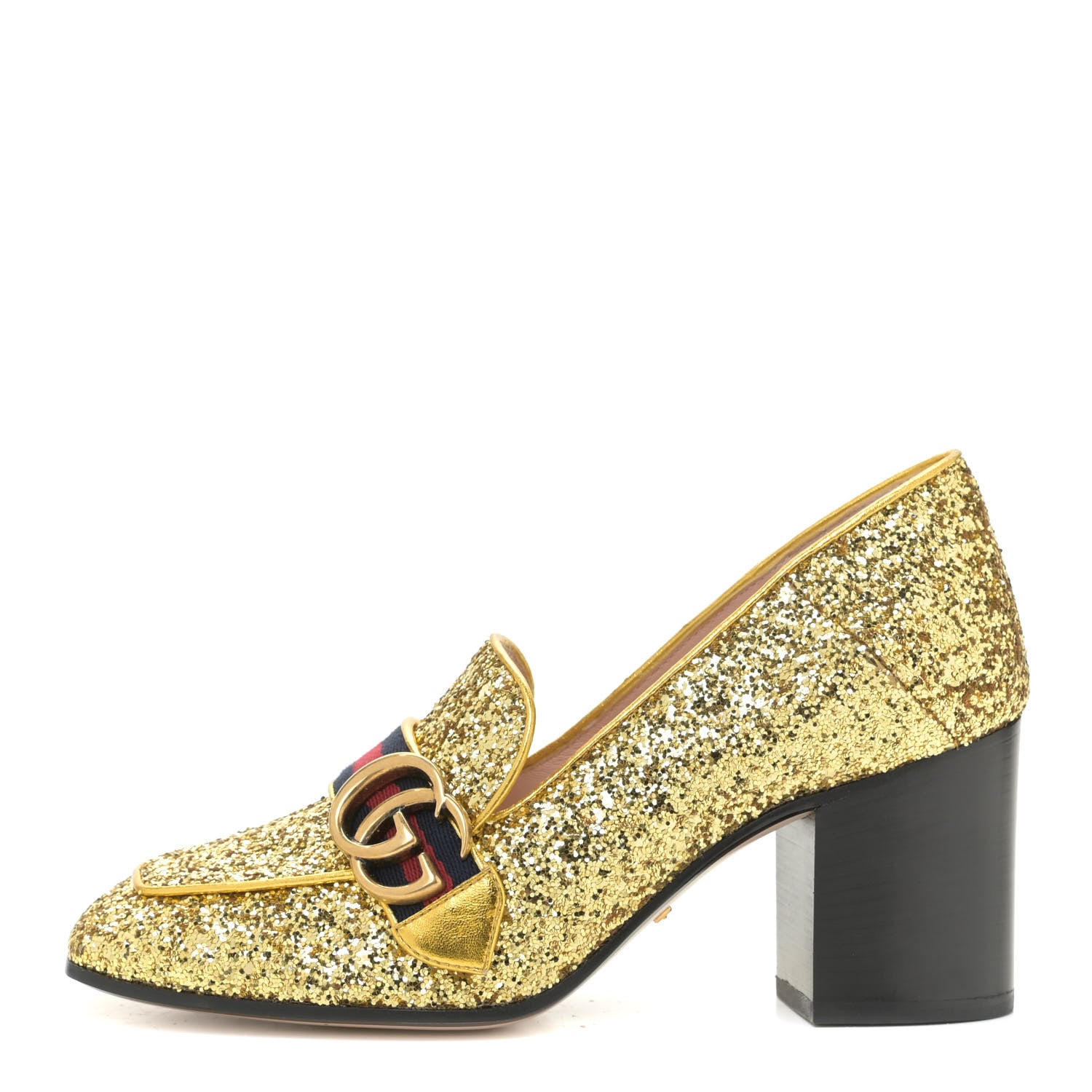 Gucci Glitter Nappa Web Peyton 75mm Loafer Pumps 37.5 Oro Vecchio 1 of 13