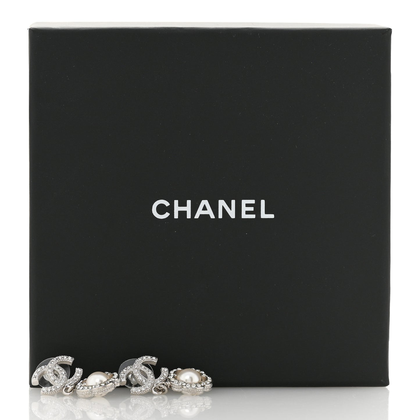 Crystal Pearl Camellia CC Coco Flapper Drop Earrings Silver