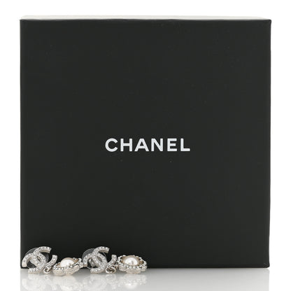 Chanel Crystal Pearl Camellia CC Coco Flapper Drop Earrings Silver 5 of 5