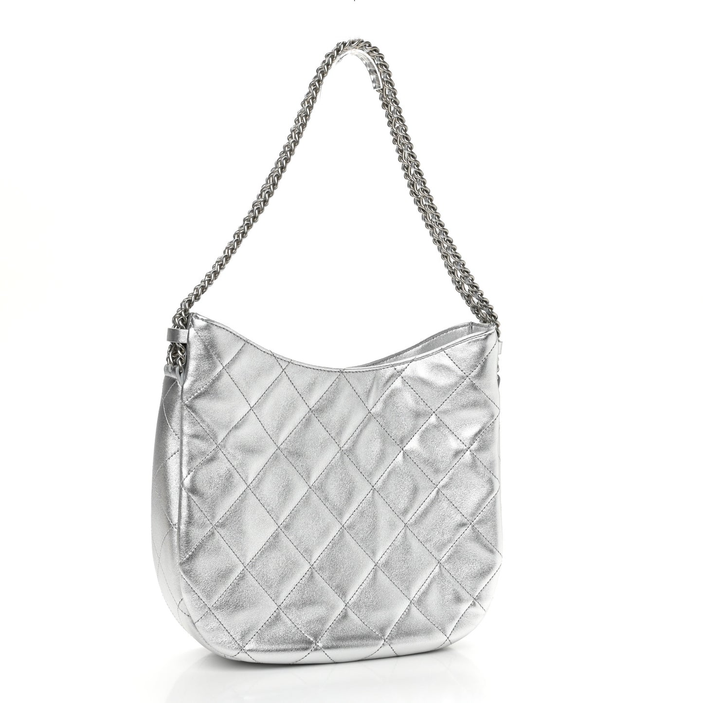 Metallic Lambskin Chain Rows Quilted Chain Hobo Silver