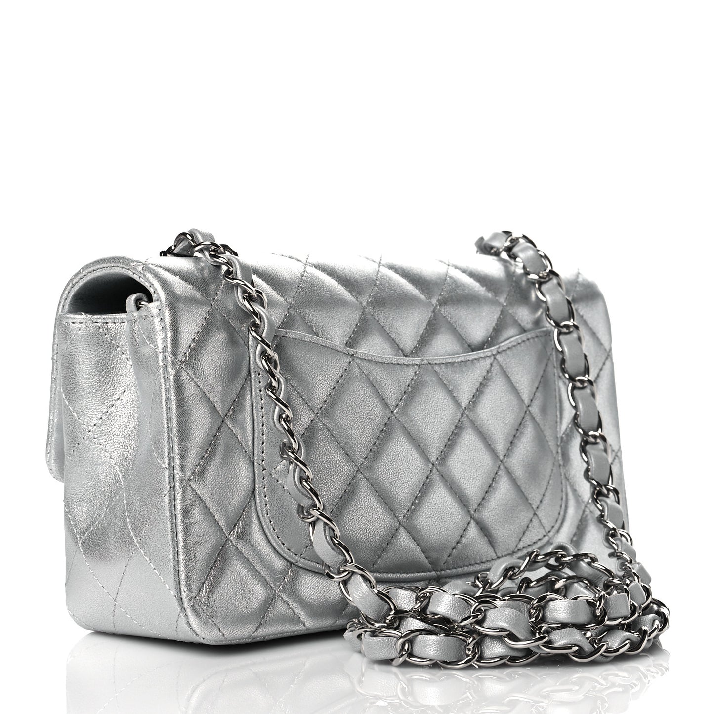 Metallic Lambskin Quilted Mini Rectangular Flap Silver