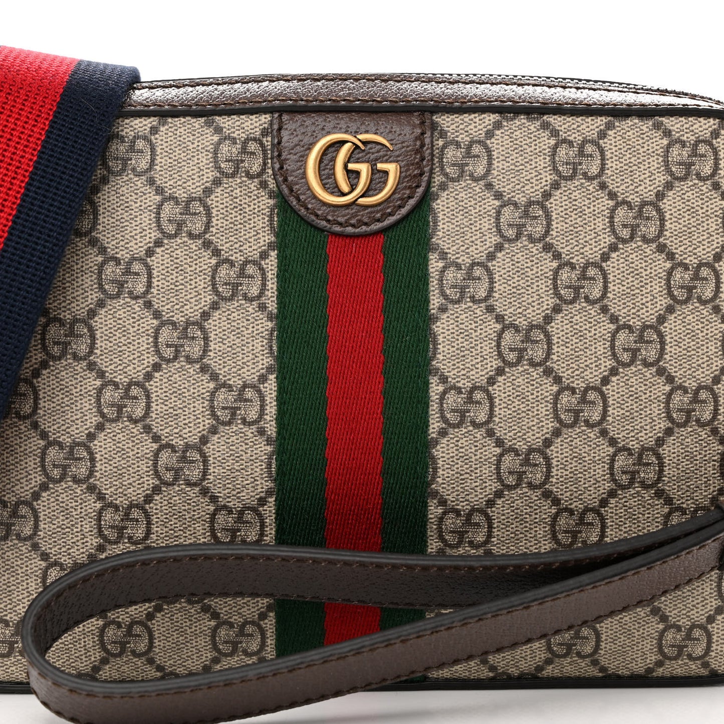 GG Supreme Monogram Textured Dollar Calfskin Web Ophidia Wristlet Shoulder Bag Beige Ebony New Acero