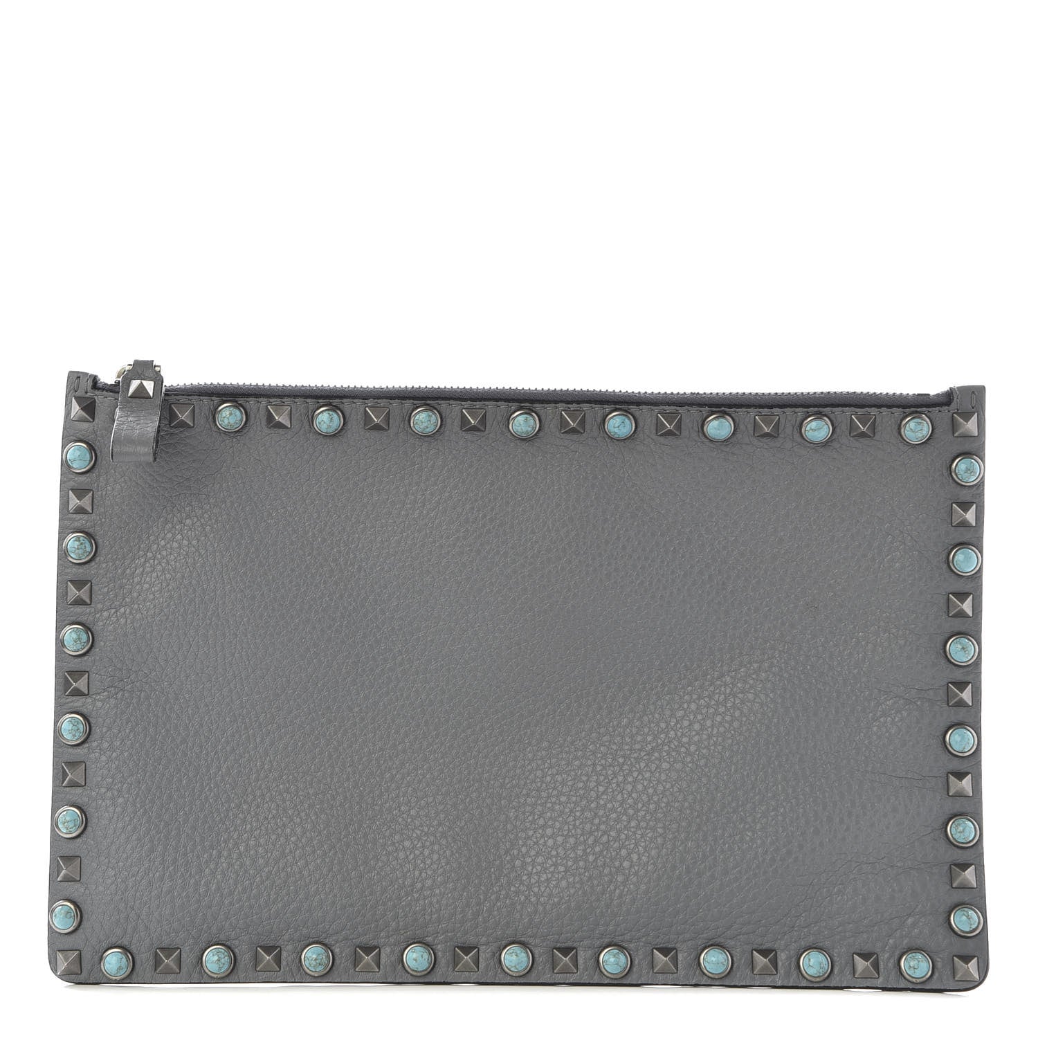 Valentino Garavani Grained Calfskin Turquoise Large Rockstud Rolling Zip Pouch Light Stone 1 of 8