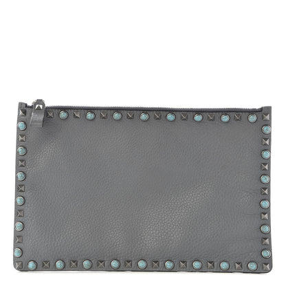 Valentino Garavani Grained Calfskin Turquoise Large Rockstud Rolling Zip Pouch Light Stone 1 of 8