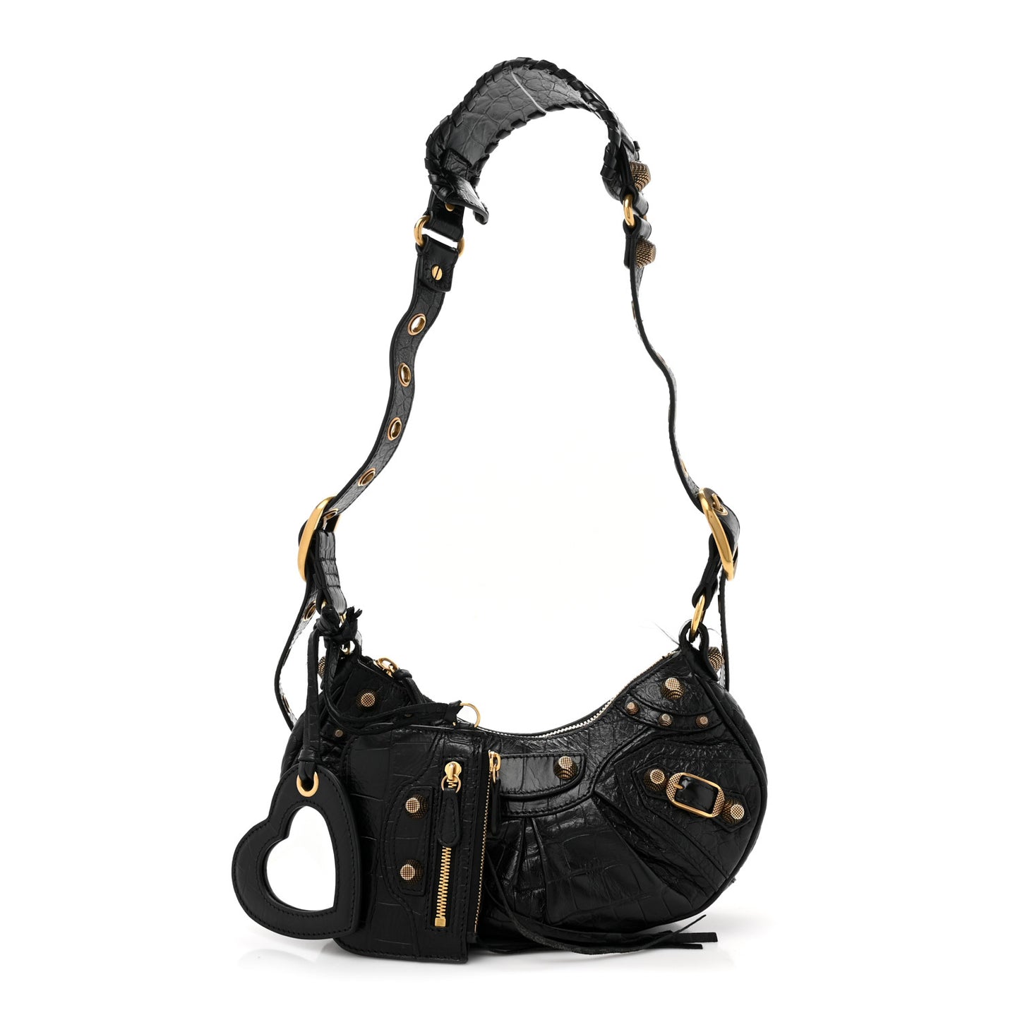 Extra Supple Calfskin Crocodile Embossed Le Cagole Shoulder Bag XS Black