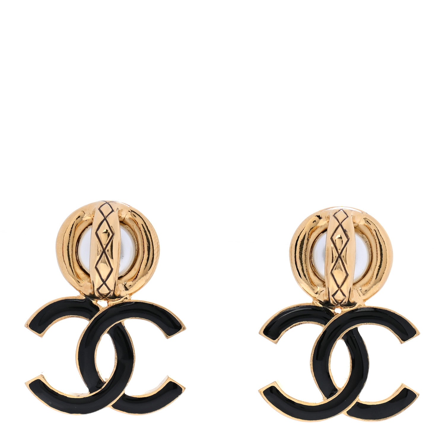 Chanel Pearl Resin CC Drop Earrings Gold Black 1 of 5