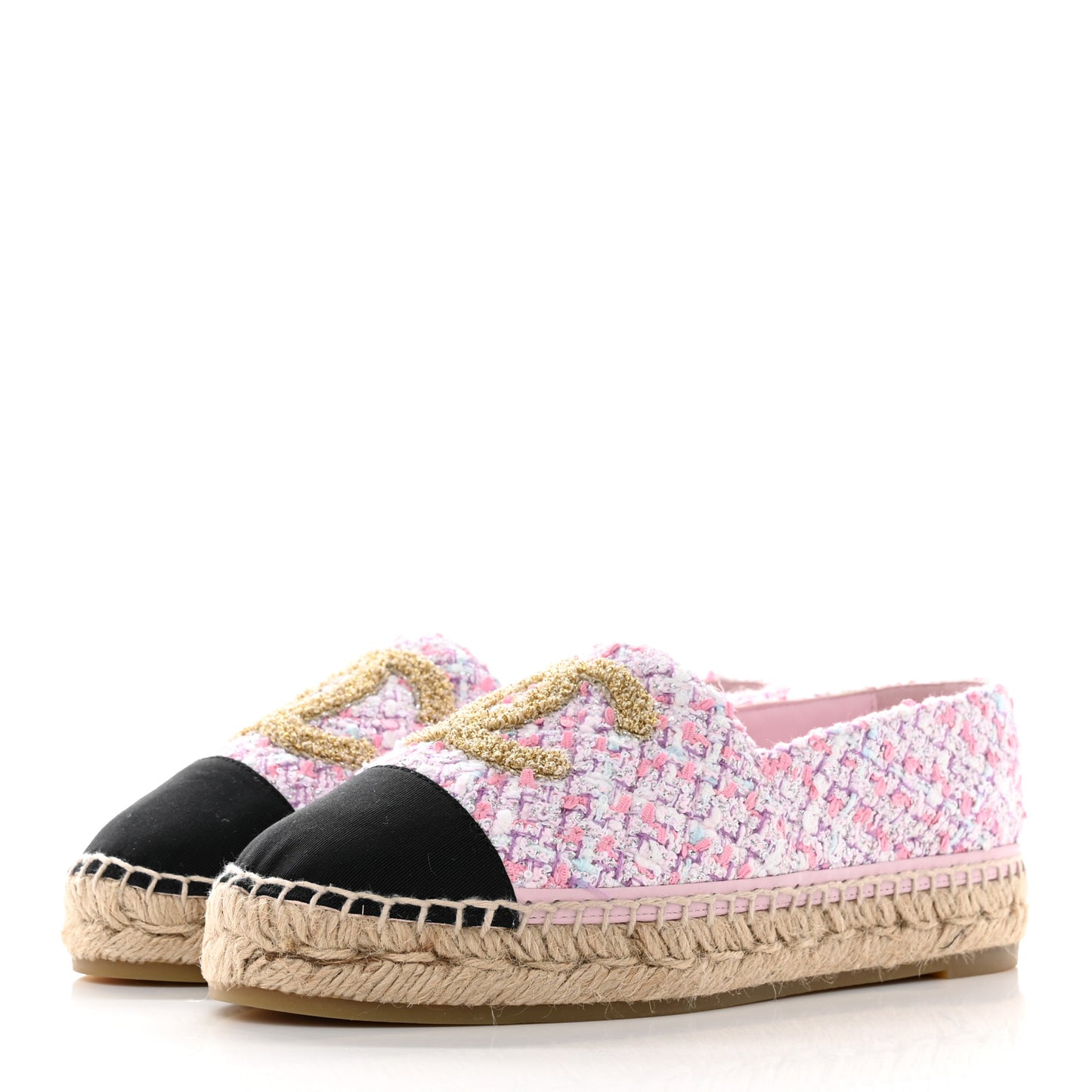 Tweed Grosgrain CC Espadrilles 37 Pink Black