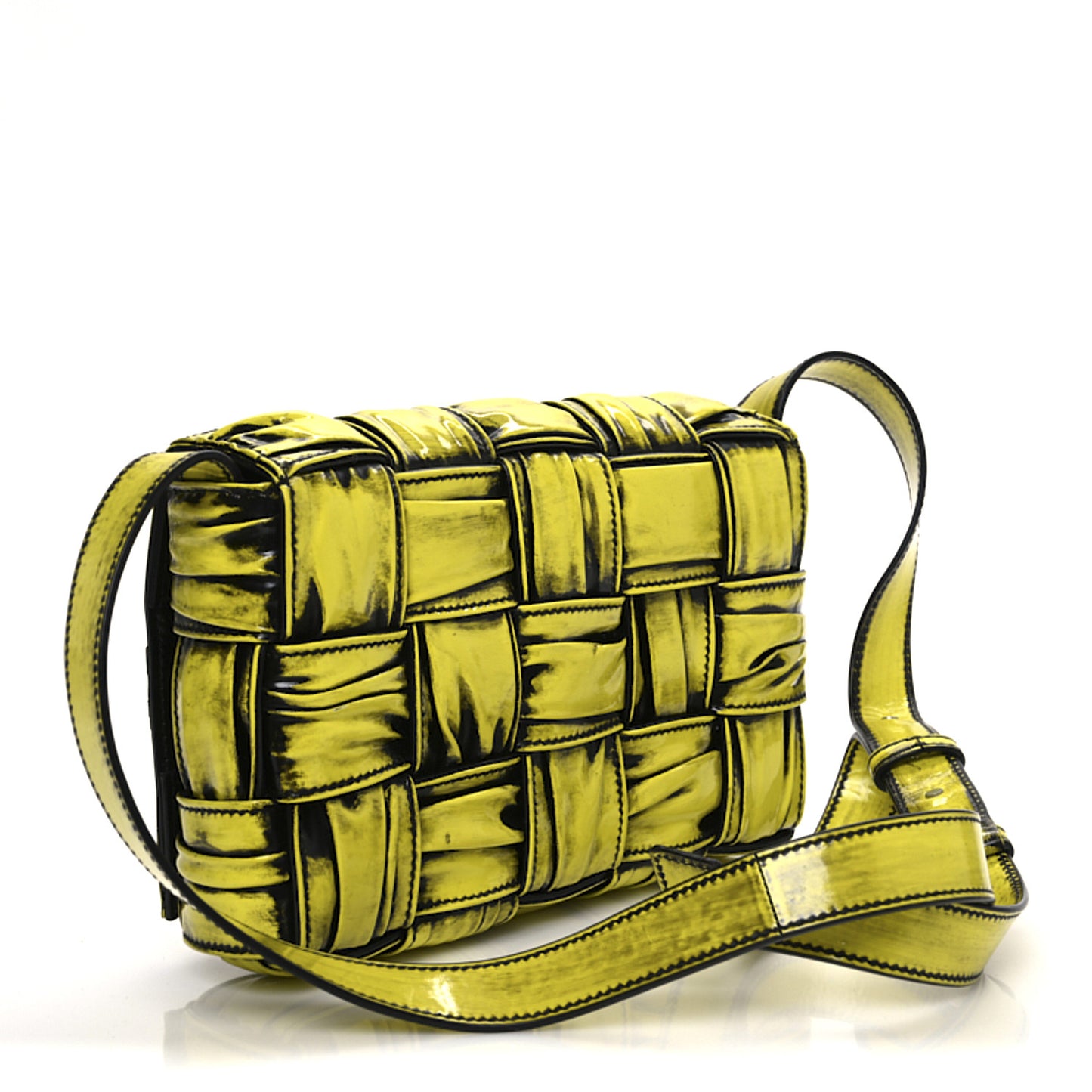 Patent Maxi Intrecciato Padded Cassette Crossbody Bag New Chartreuse Black