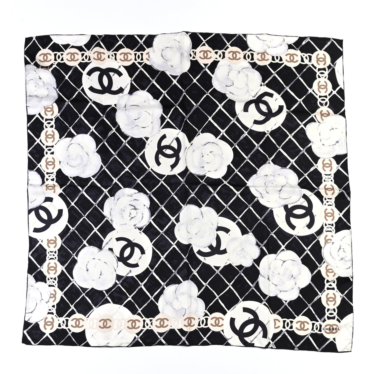 Silk CC Logo Camellia Scarf White Black