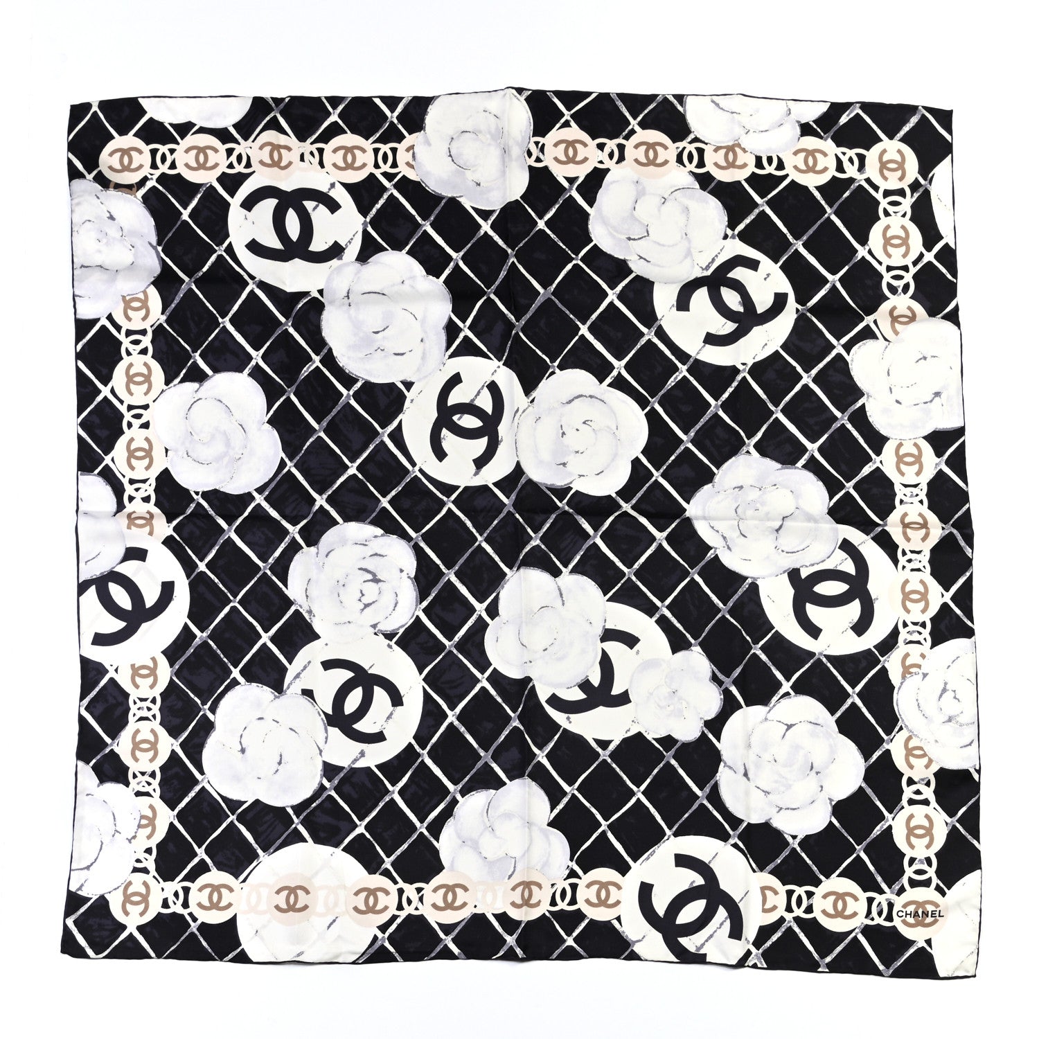 Chanel Silk CC Logo Camellia Scarf White Black 1 of 4