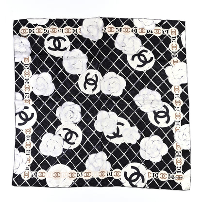 Chanel Silk CC Logo Camellia Scarf White Black 1 of 4