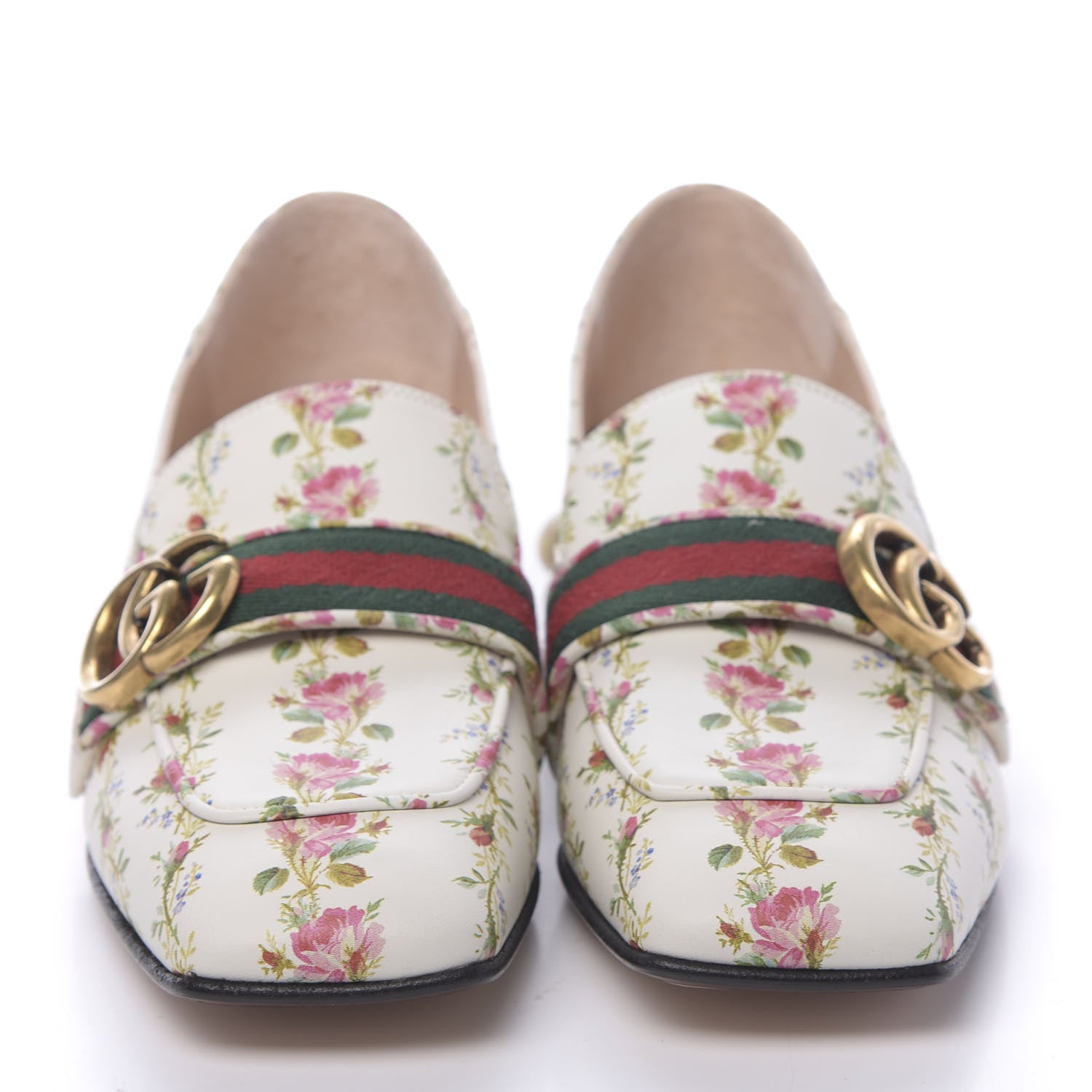 GUCCI フラワー装飾 ミュール ベージュ・パープル Gucci Calfskin Web Pearl Floral Embellished Peyton Loafer 36