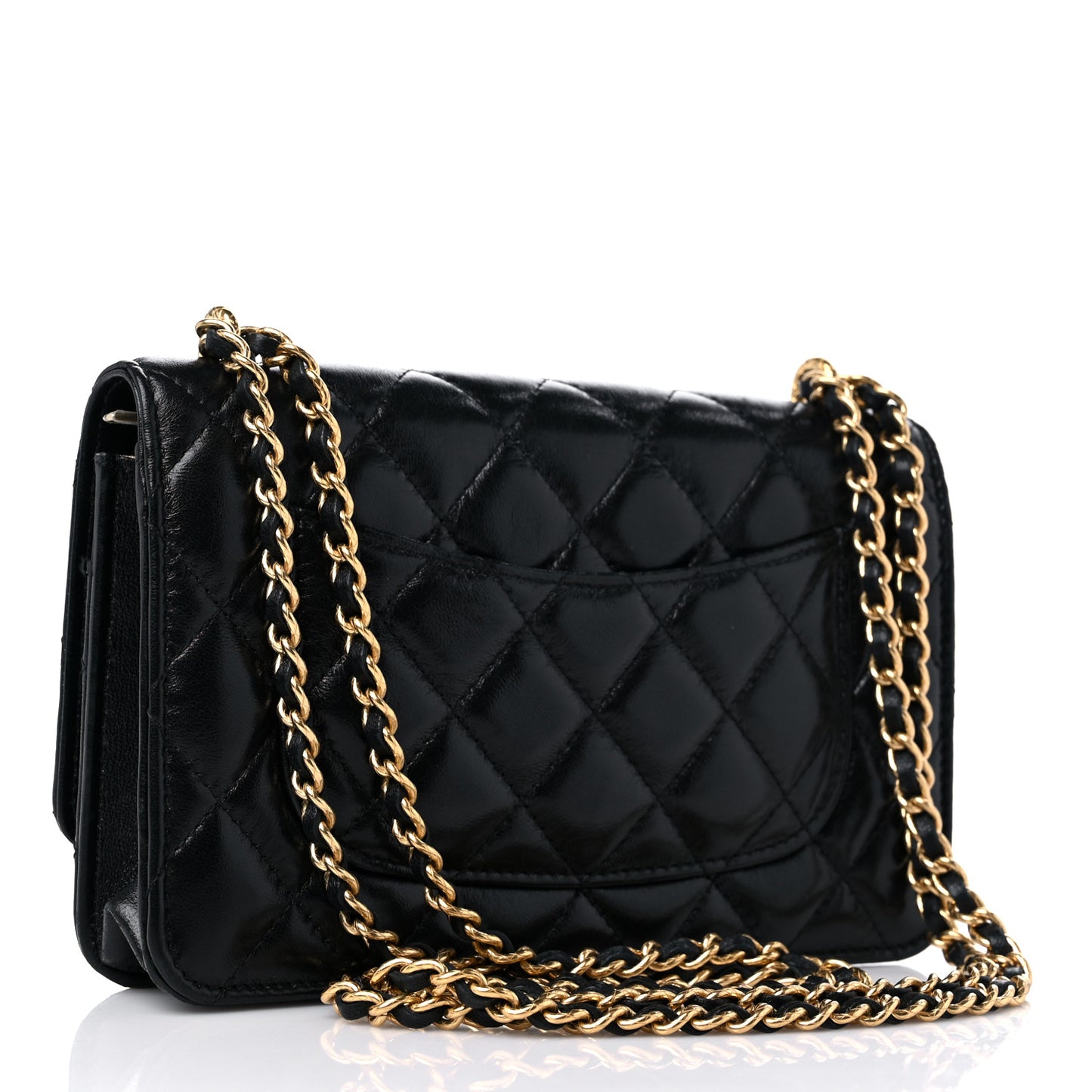 Shiny Lambskin Quilted Dynasty Wallet On Chain WOC Black