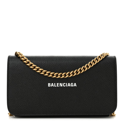 Balenciaga Grained Calfskin Logo Cash Phone Holder Wallet On Chain Black White 1 of 11